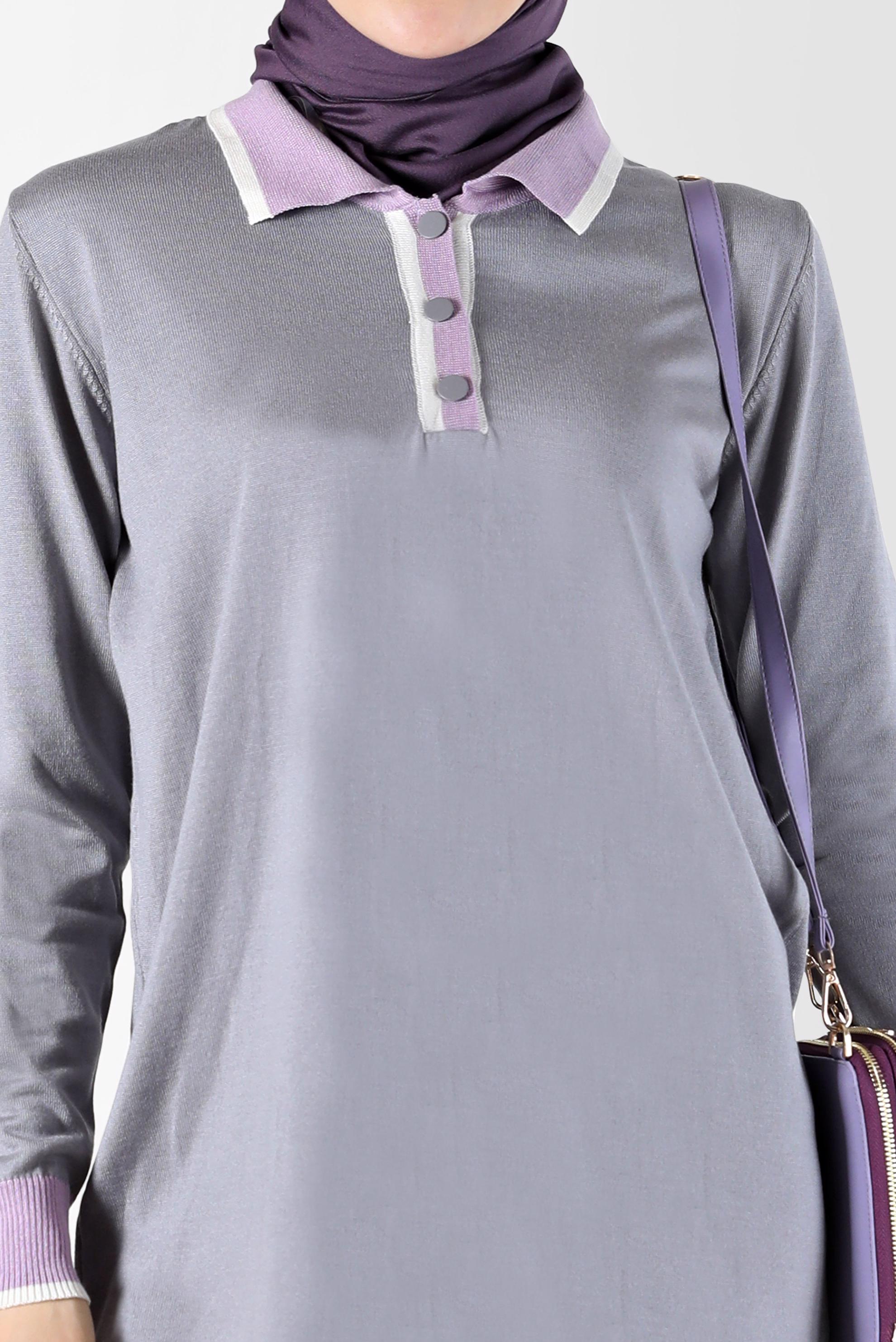 Tesettür giyim GRİ POLO YAKA RİBANALI TRİKO TUNİK 42108 