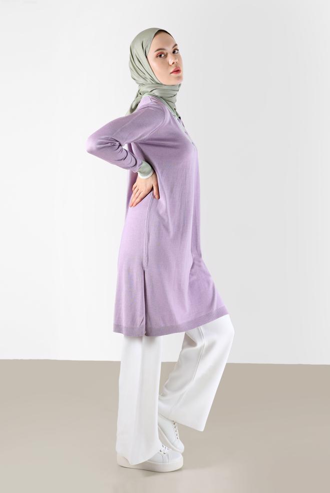 Tesettür giyim MOR POLO YAKA RİBANALI TRİKO TUNİK 42108  - ALVİNA