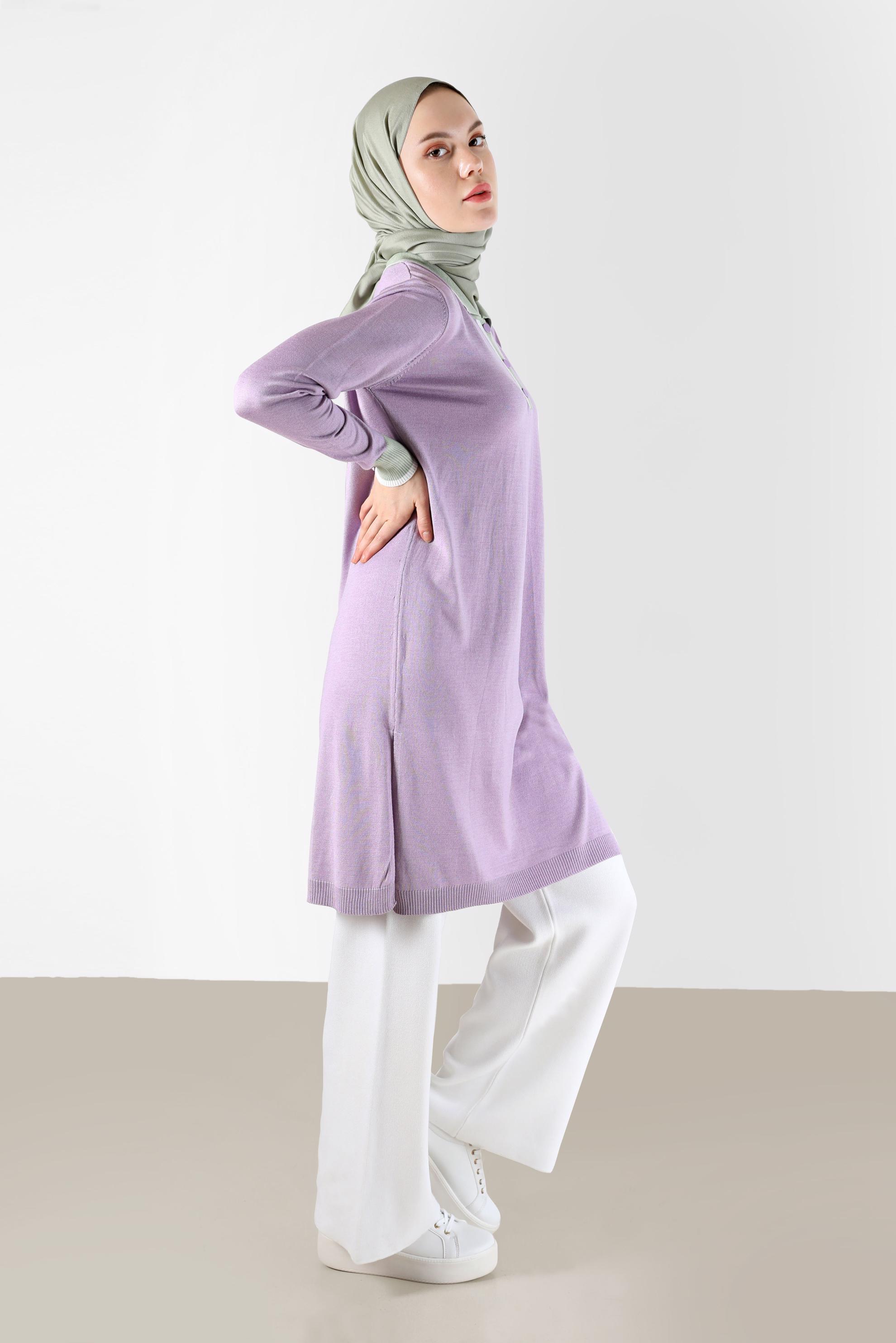 Tesettür giyim MOR POLO YAKA RİBANALI TRİKO TUNİK 42108 