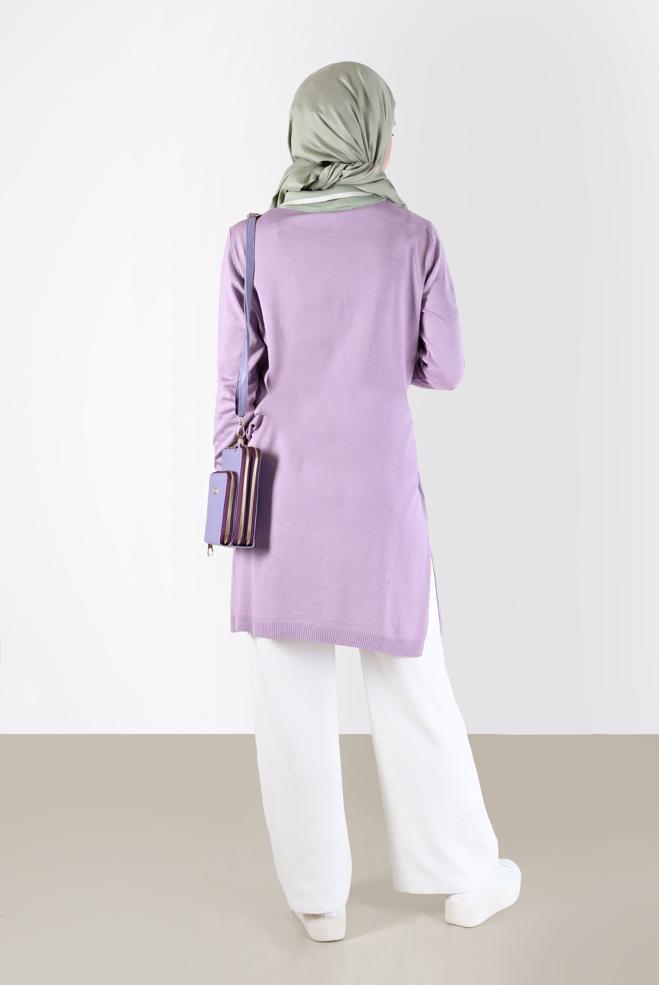 Tesettür giyim MOR POLO YAKA RİBANALI TRİKO TUNİK 42108  - ALVİNA