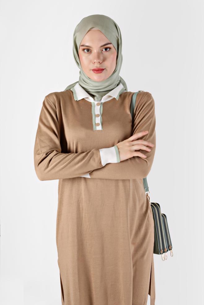 Tesettür giyim KAHVE POLO YAKA RİBANALI TRİKO TUNİK 42108  - ALVİNA