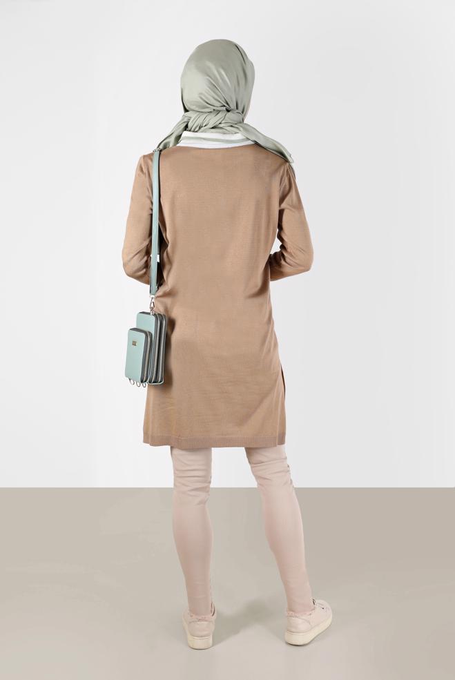 Tesettür giyim KAHVE POLO YAKA RİBANALI TRİKO TUNİK 42108  - ALVİNA