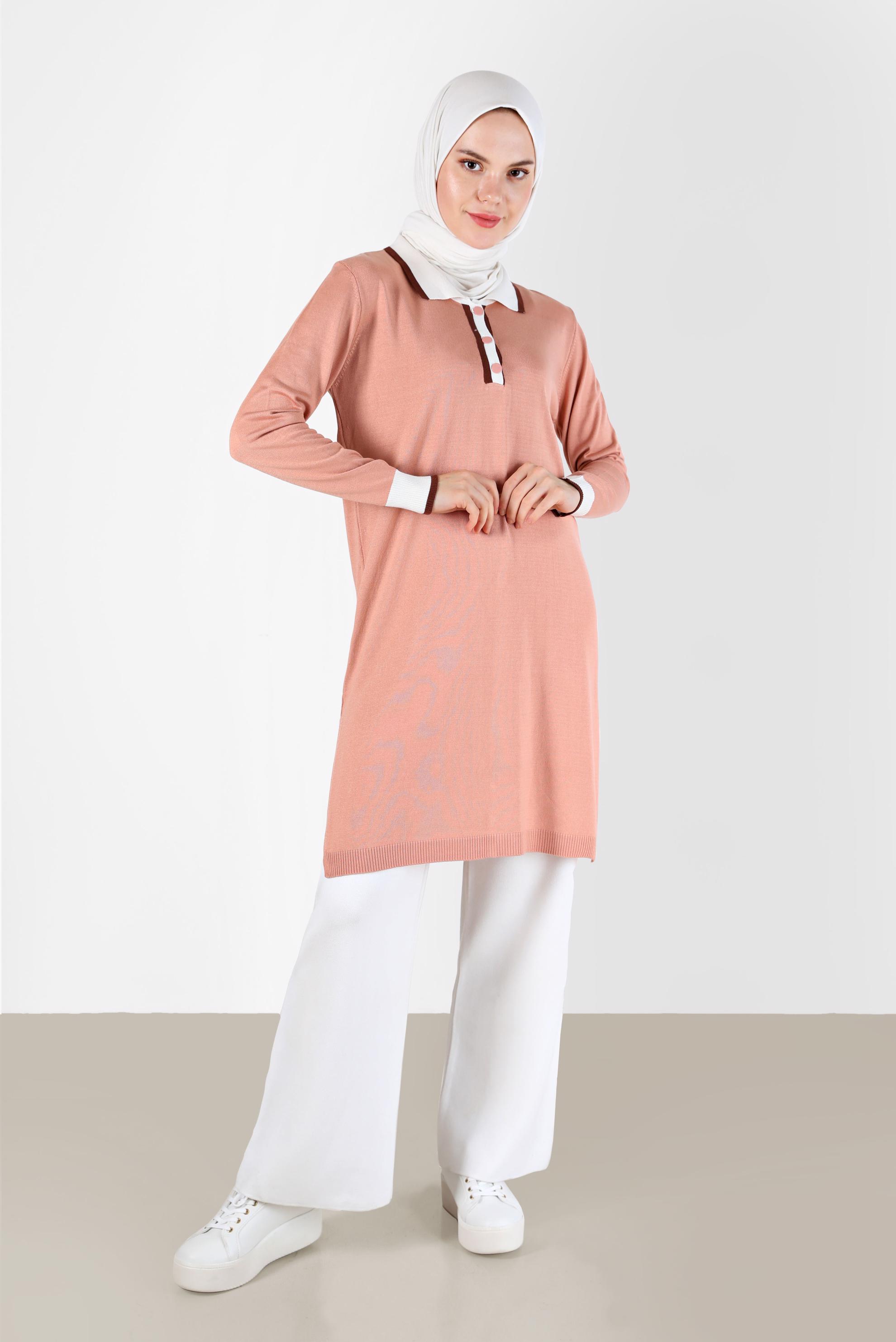 Tesettür giyim PUDRA POLO YAKA RİBANALI TRİKO TUNİK 42108 