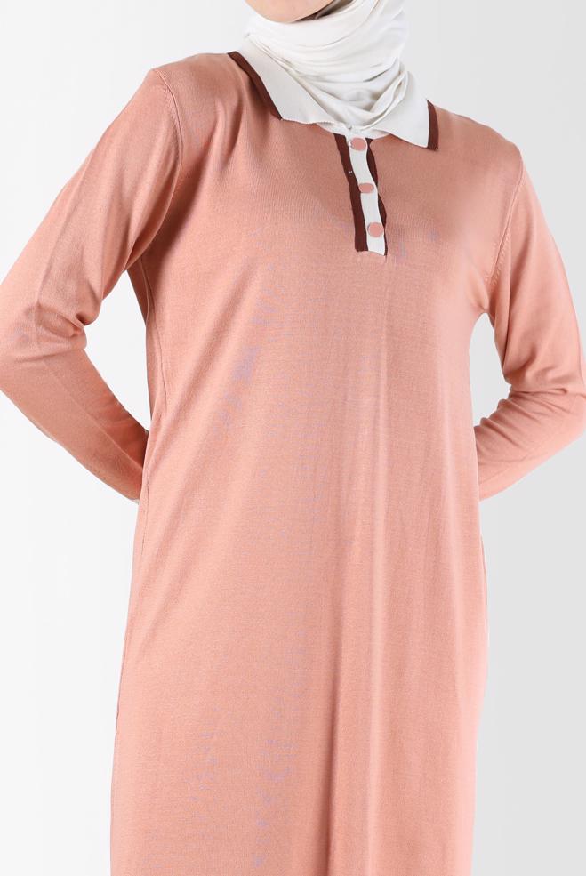 Tesettür giyim PUDRA POLO YAKA RİBANALI TRİKO TUNİK 42108  - ALVİNA