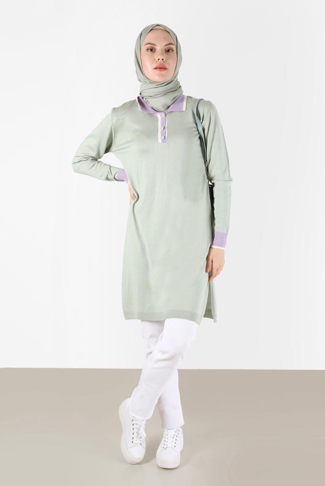 Tesettür giyim YEŞİL POLO YAKA RİBANALI TRİKO TUNİK 42108  - ALVİNA