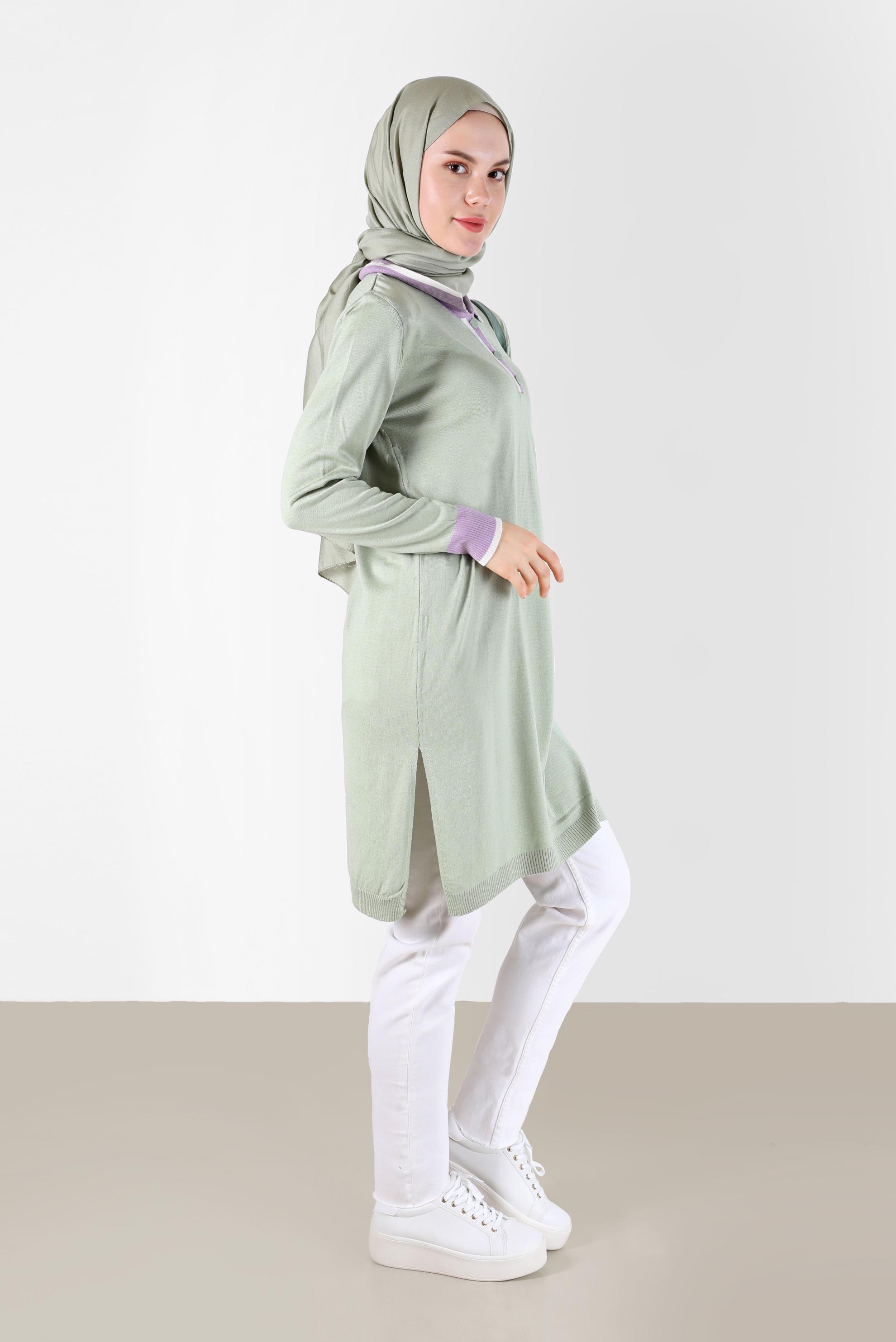 Tesettür giyim YEŞİL POLO YAKA RİBANALI TRİKO TUNİK 42108 