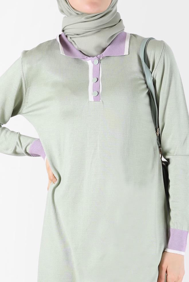 Tesettür giyim YEŞİL POLO YAKA RİBANALI TRİKO TUNİK 42108  - ALVİNA