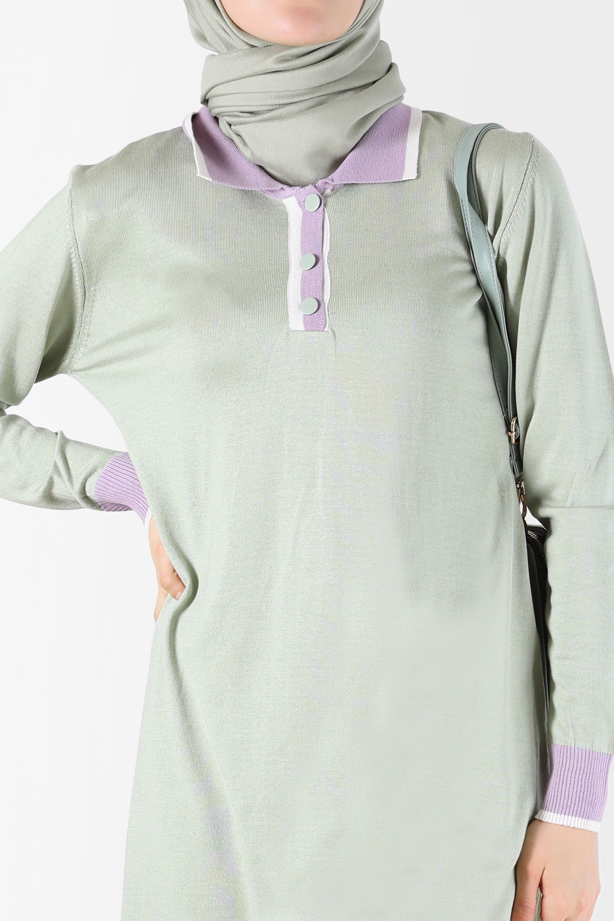 Tesettür giyim YEŞİL POLO YAKA RİBANALI TRİKO TUNİK 42108 