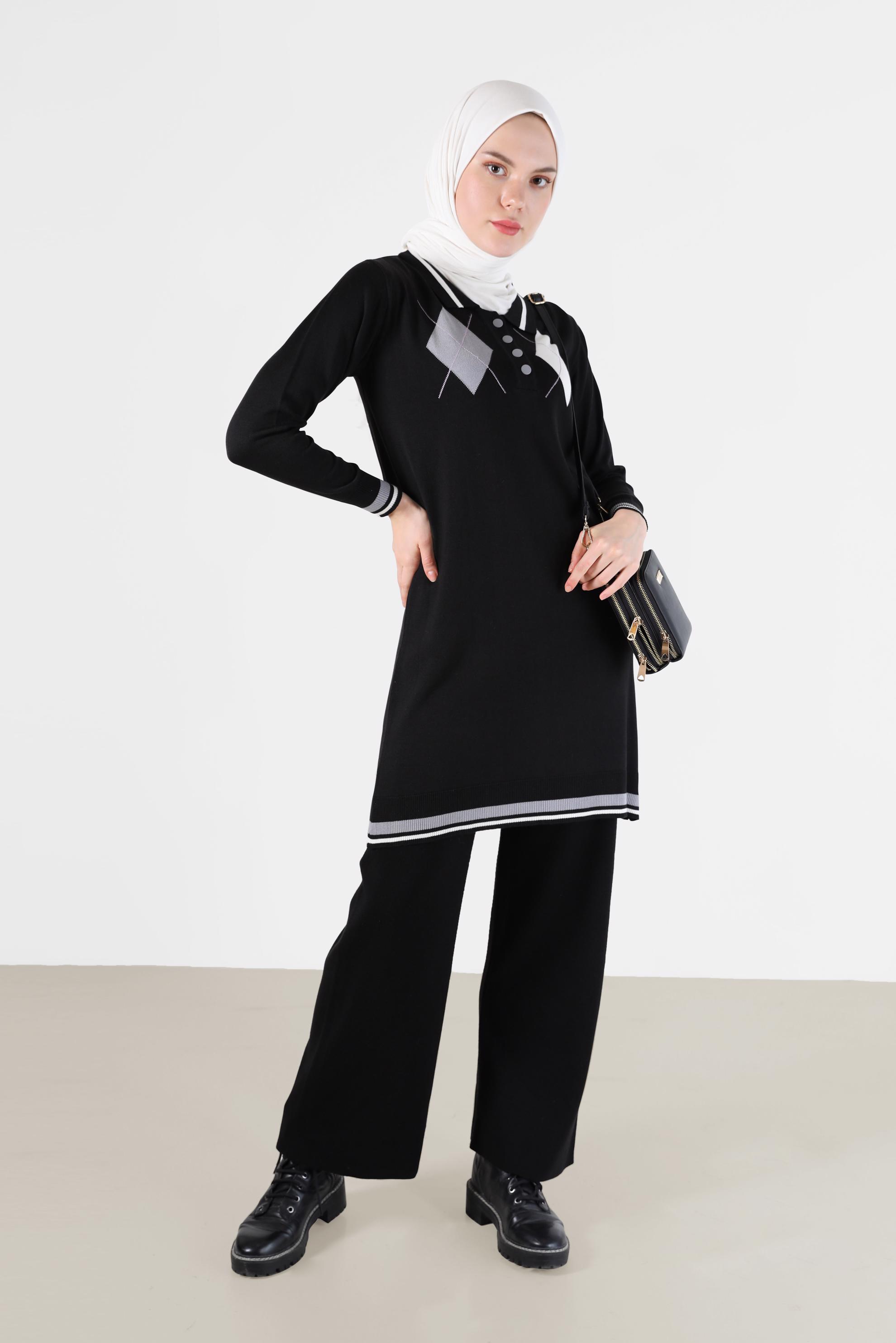 Hijab clothing BLACK RHOMBUS KNIT DETAIL POLO NECK KNITWEAR TUNIC 42109 