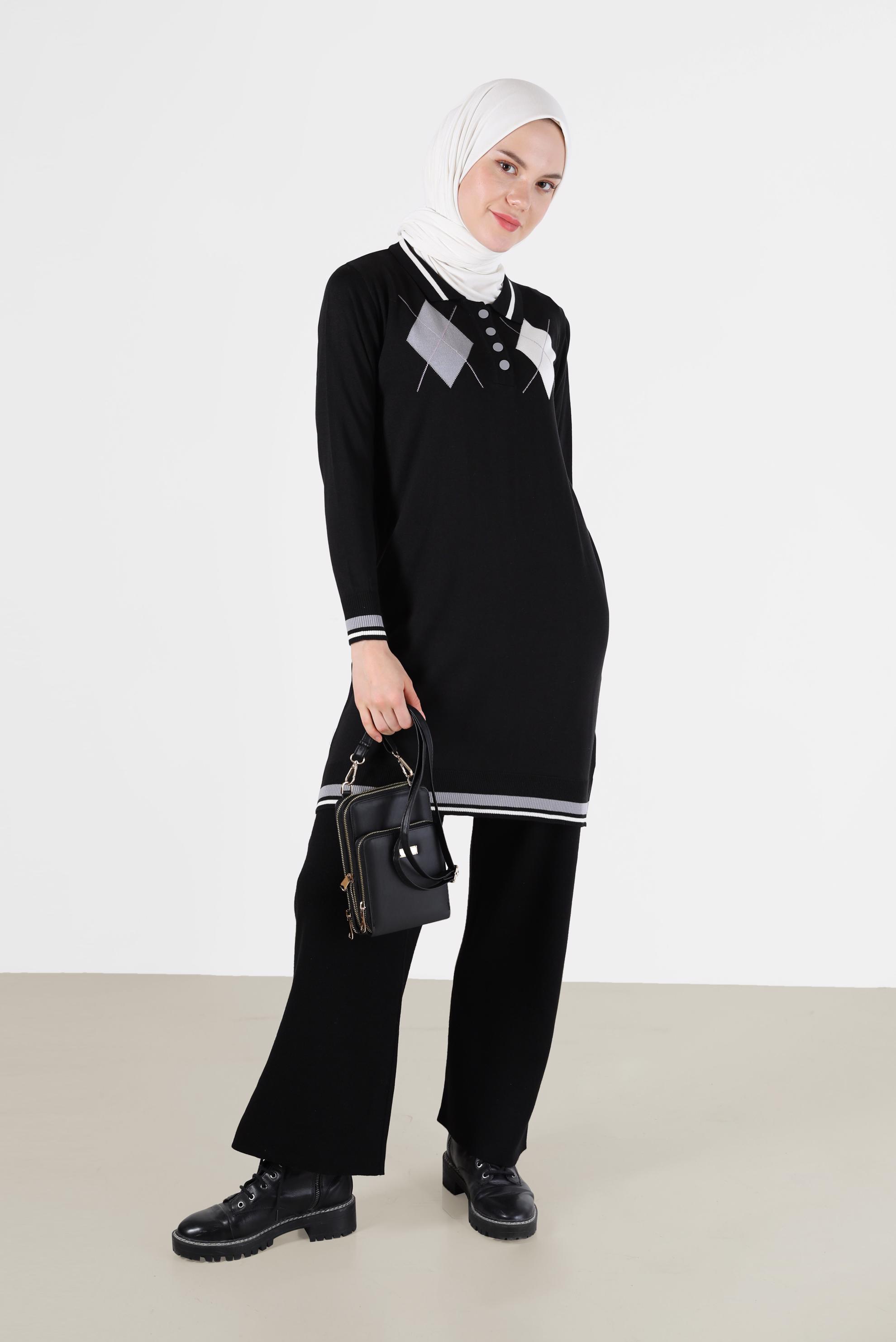 Hijab clothing BLACK RHOMBUS KNIT DETAIL POLO NECK KNITWEAR TUNIC 42109 
