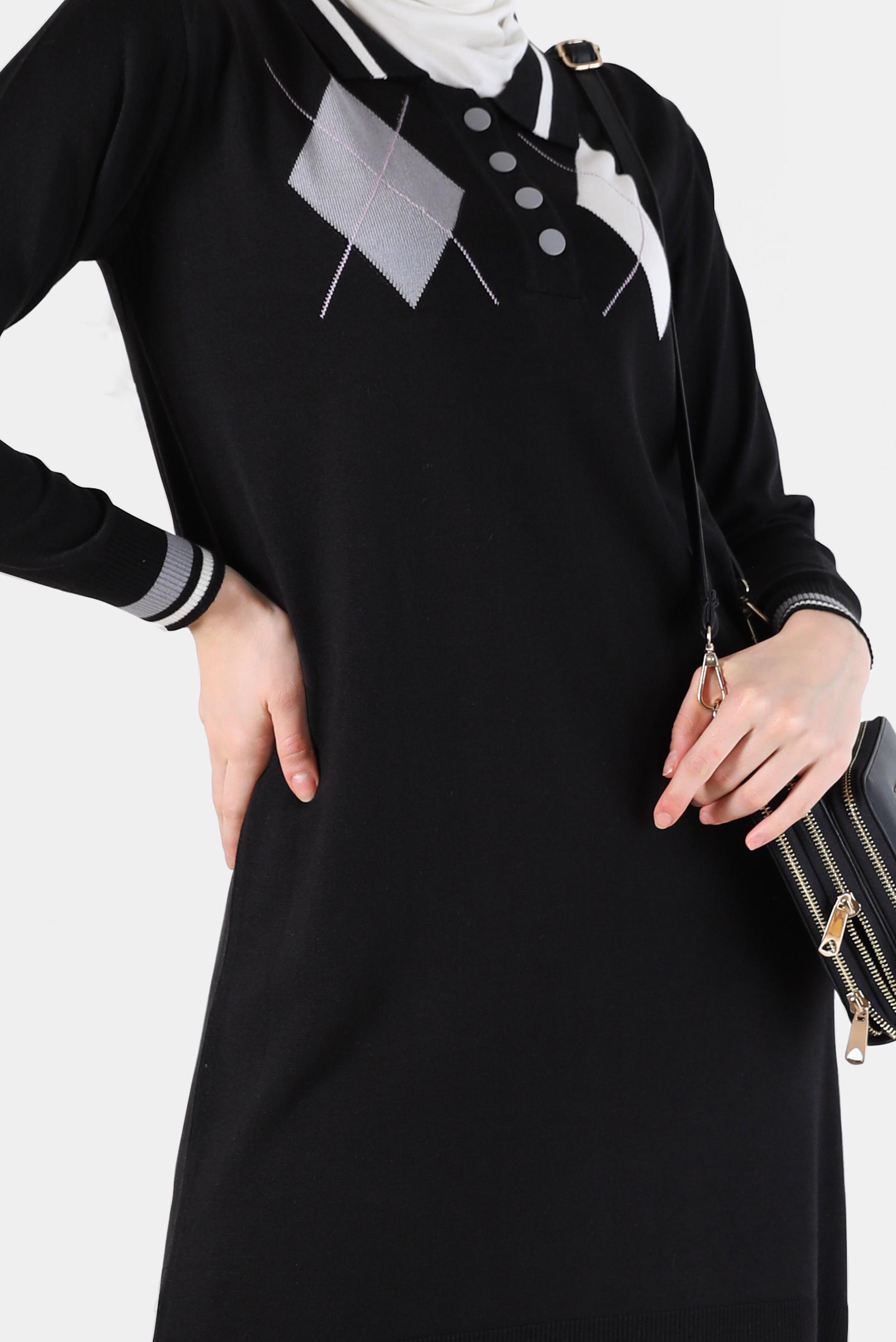 Hijab clothing BLACK RHOMBUS KNIT DETAIL POLO NECK KNITWEAR TUNIC 42109 