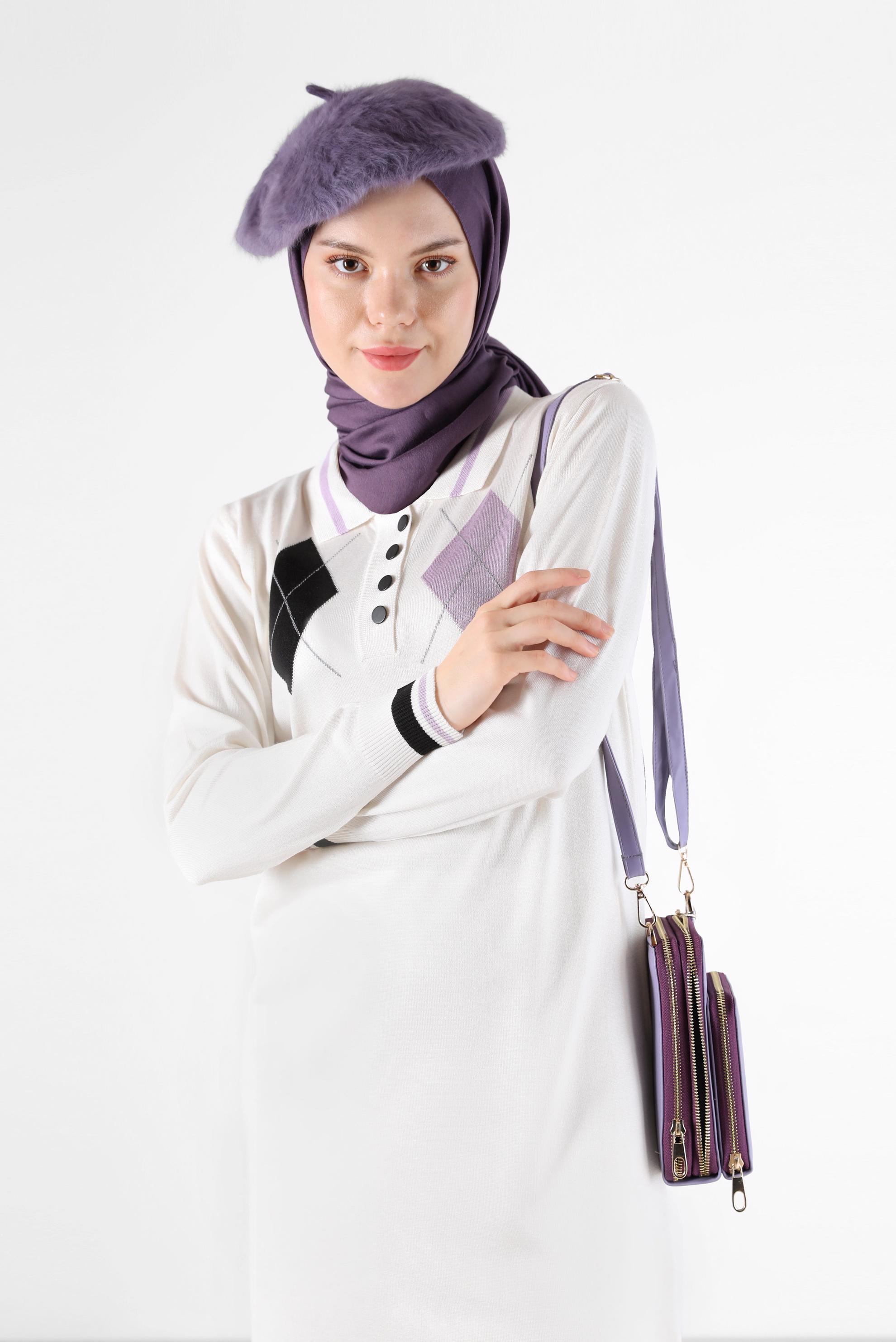 Hijab clothing WHITE RHOMBUS KNIT DETAIL POLO NECK KNITWEAR TUNIC 42109 