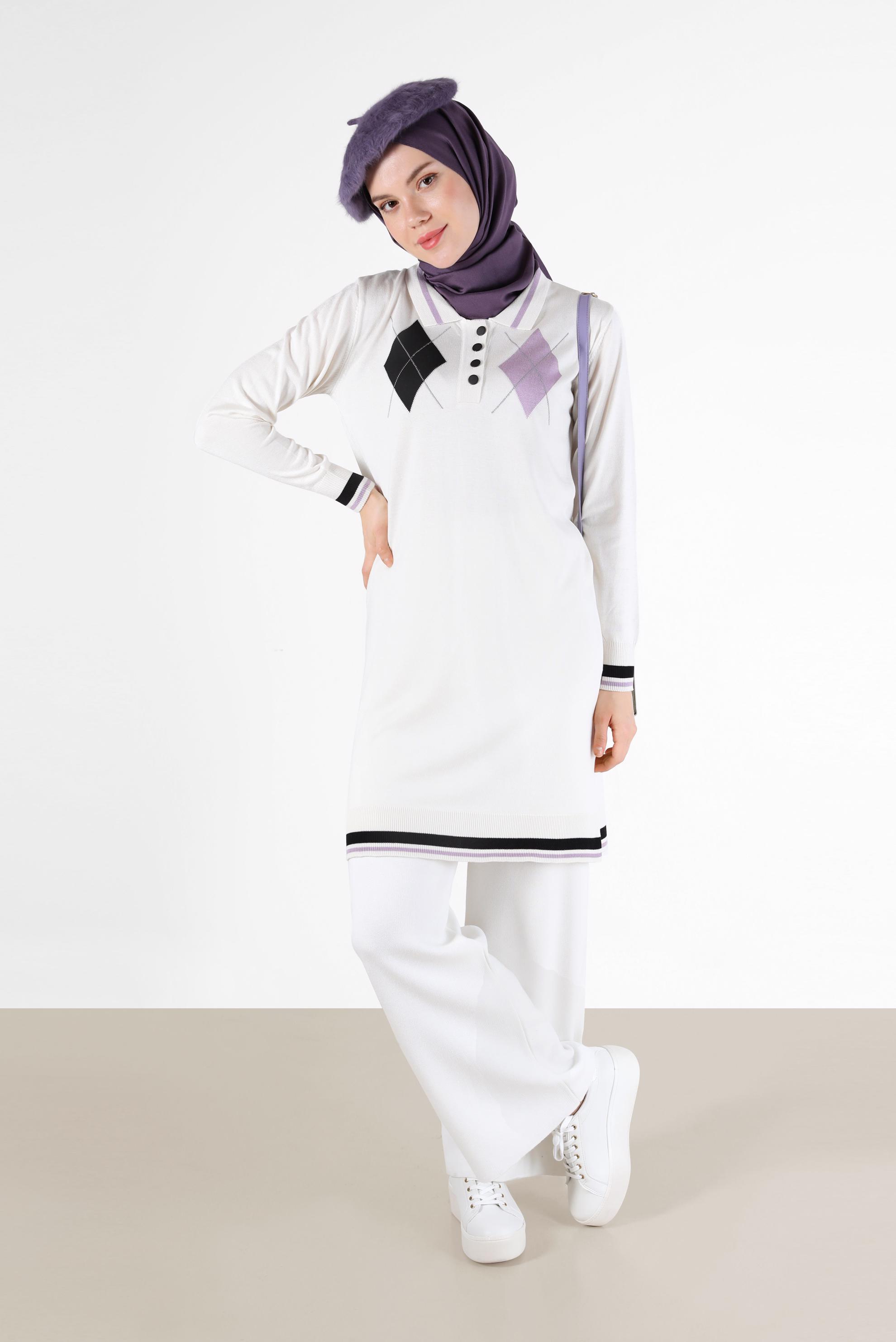 Hijab clothing WHITE RHOMBUS KNIT DETAIL POLO NECK KNITWEAR TUNIC 42109 