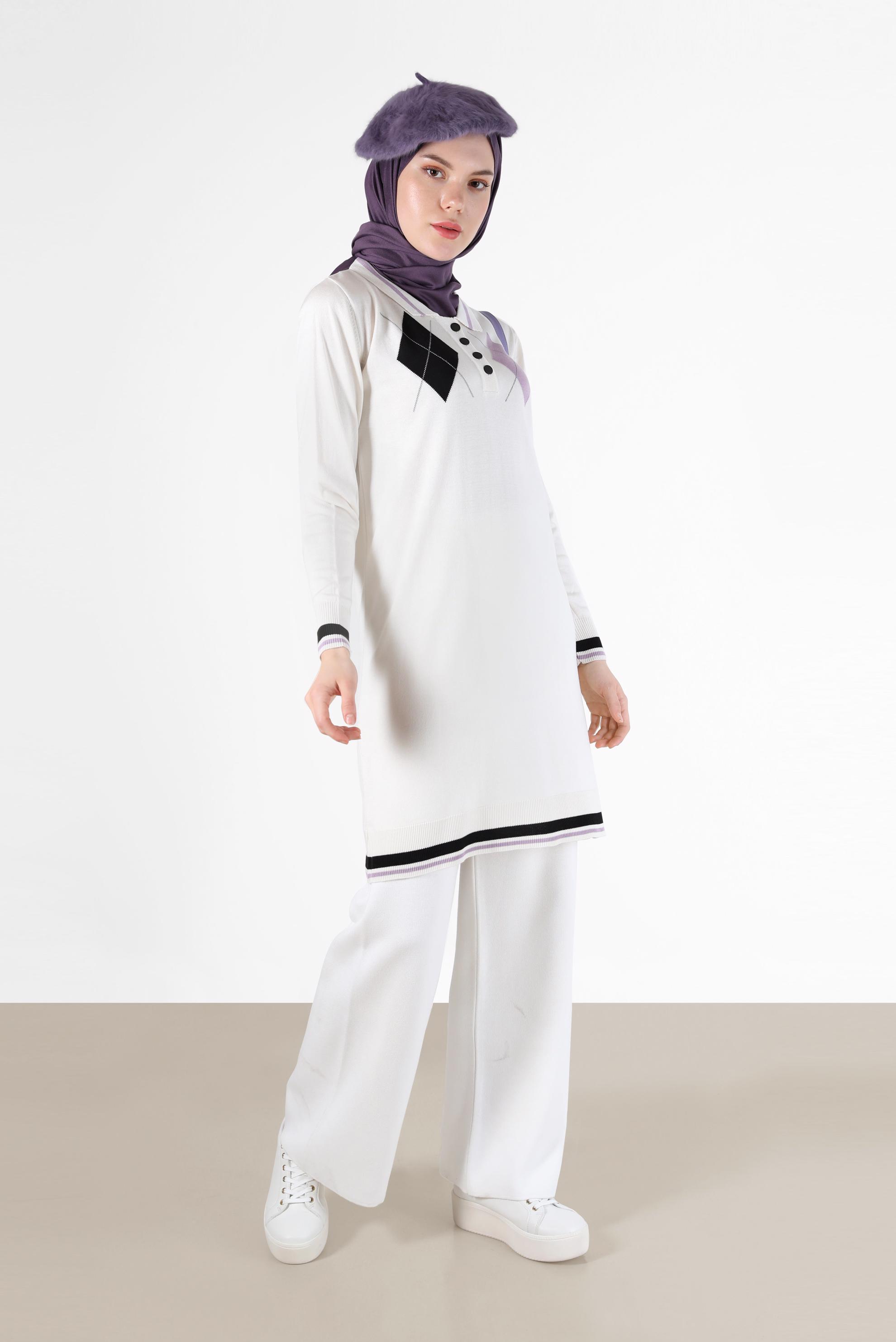 Hijab clothing WHITE RHOMBUS KNIT DETAIL POLO NECK KNITWEAR TUNIC 42109 