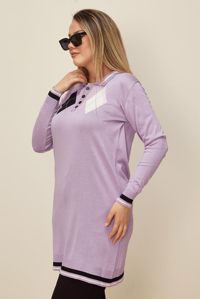 Tesettür giyim MOR BAKLAVA DESEN DETAYLI POLO YAKA TRİKO TUNİK 42109  - ALVİNA