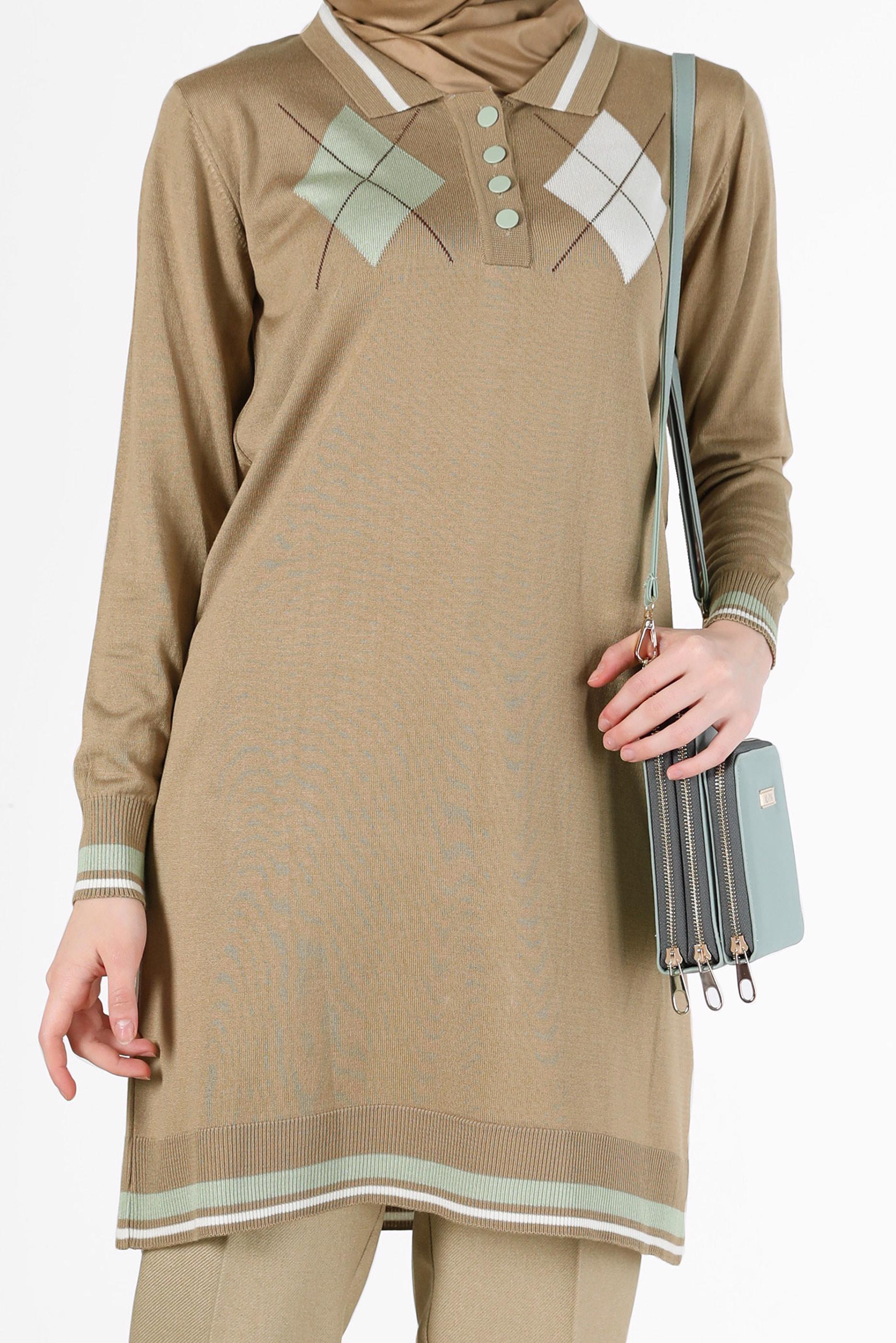 Hijab clothing BROWN RHOMBUS KNIT DETAIL POLO NECK KNITWEAR TUNIC 42109 