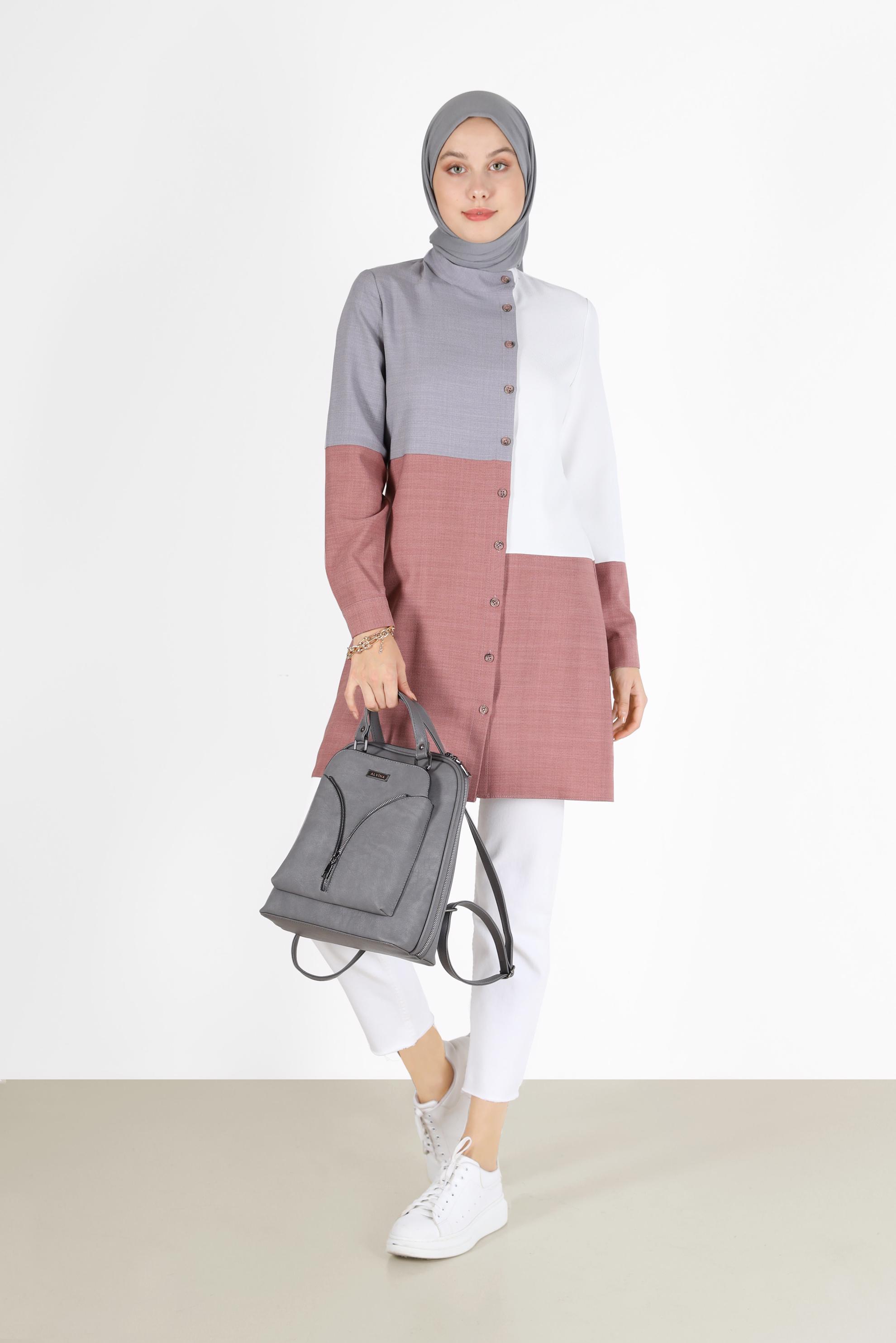 Tesettür giyim BEYAZ 3 RENKLİ DÜĞME DETAYLI TUNİK 42168 