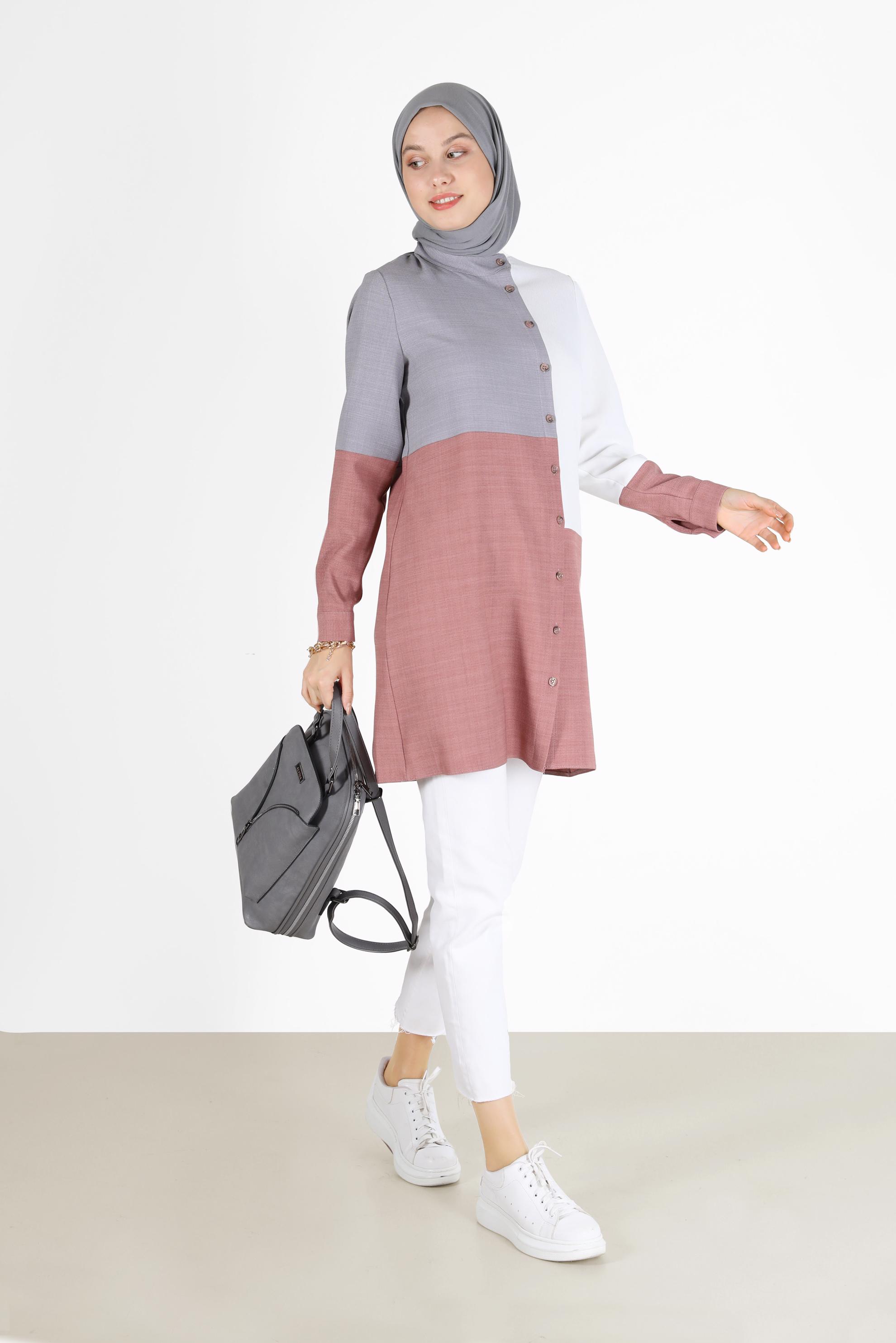 Tesettür giyim BEYAZ 3 RENKLİ DÜĞME DETAYLI TUNİK 42168 