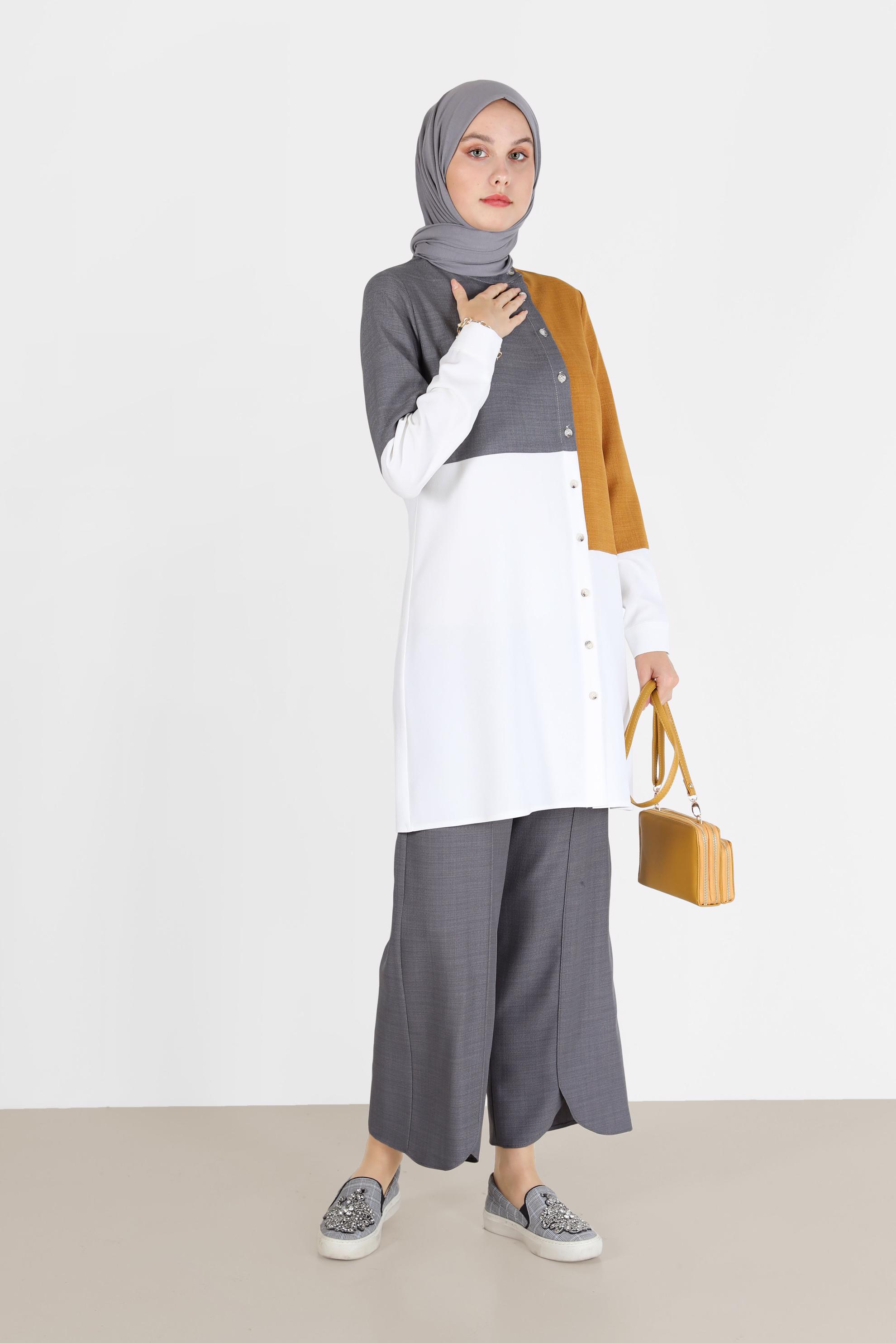 Tesettür giyim SARI 3 RENKLİ DÜĞME DETAYLI TUNİK 42168 