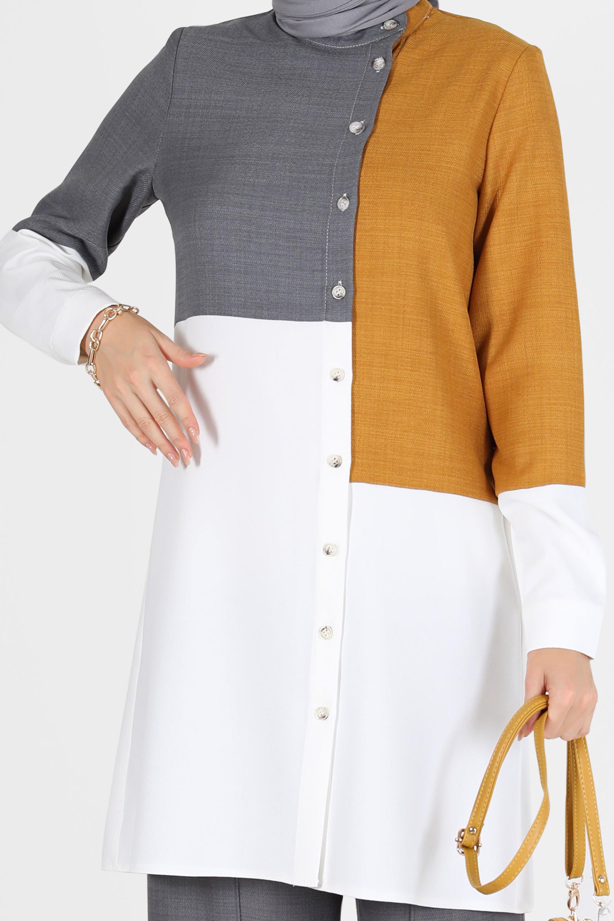 Tesettür giyim SARI 3 RENKLİ DÜĞME DETAYLI TUNİK 42168 