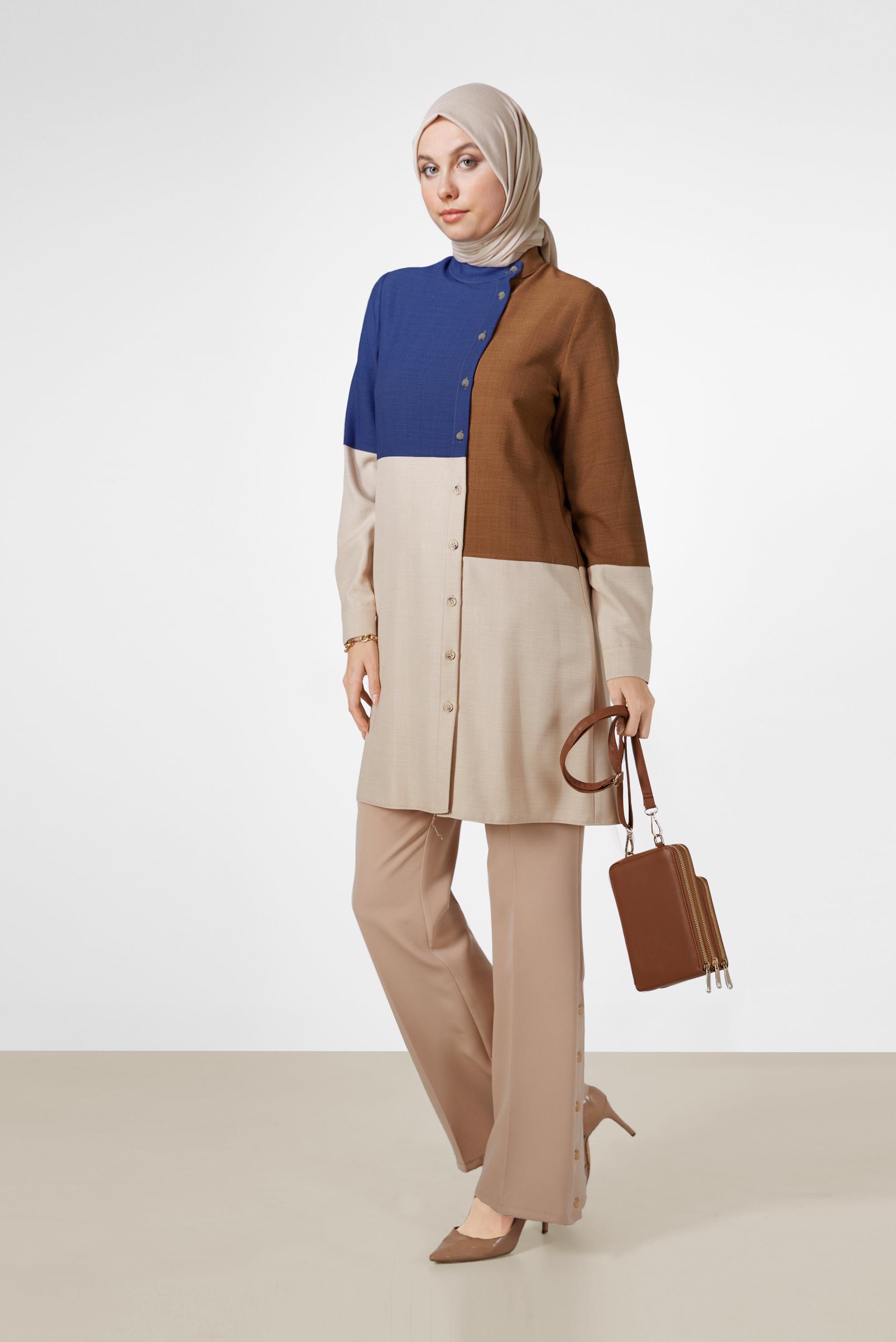 Tesettür giyim MAVİ 3 RENKLİ DÜĞME DETAYLI TUNİK 42168 