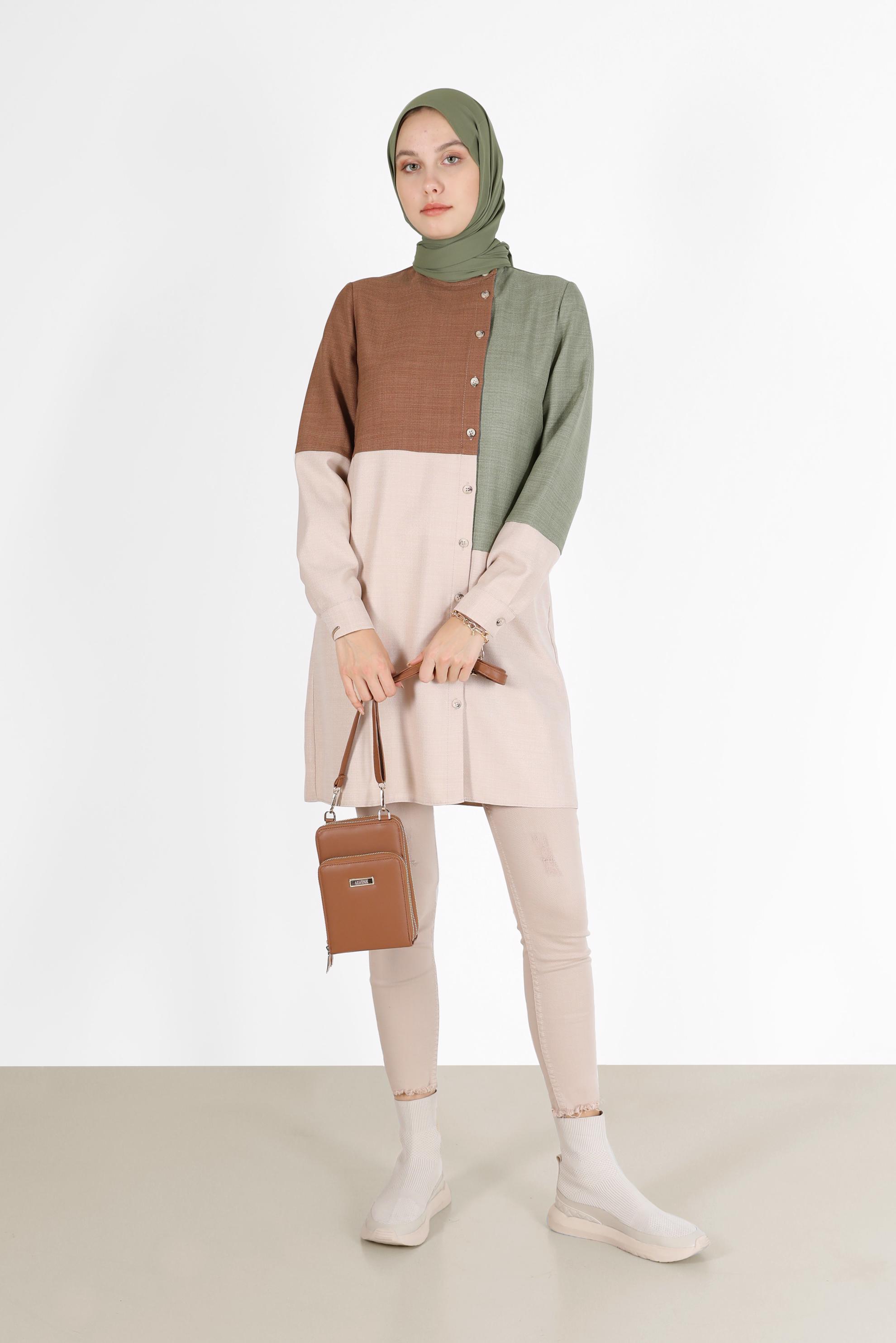 Tesettür giyim YEŞİL 3 RENKLİ DÜĞME DETAYLI TUNİK 42168 