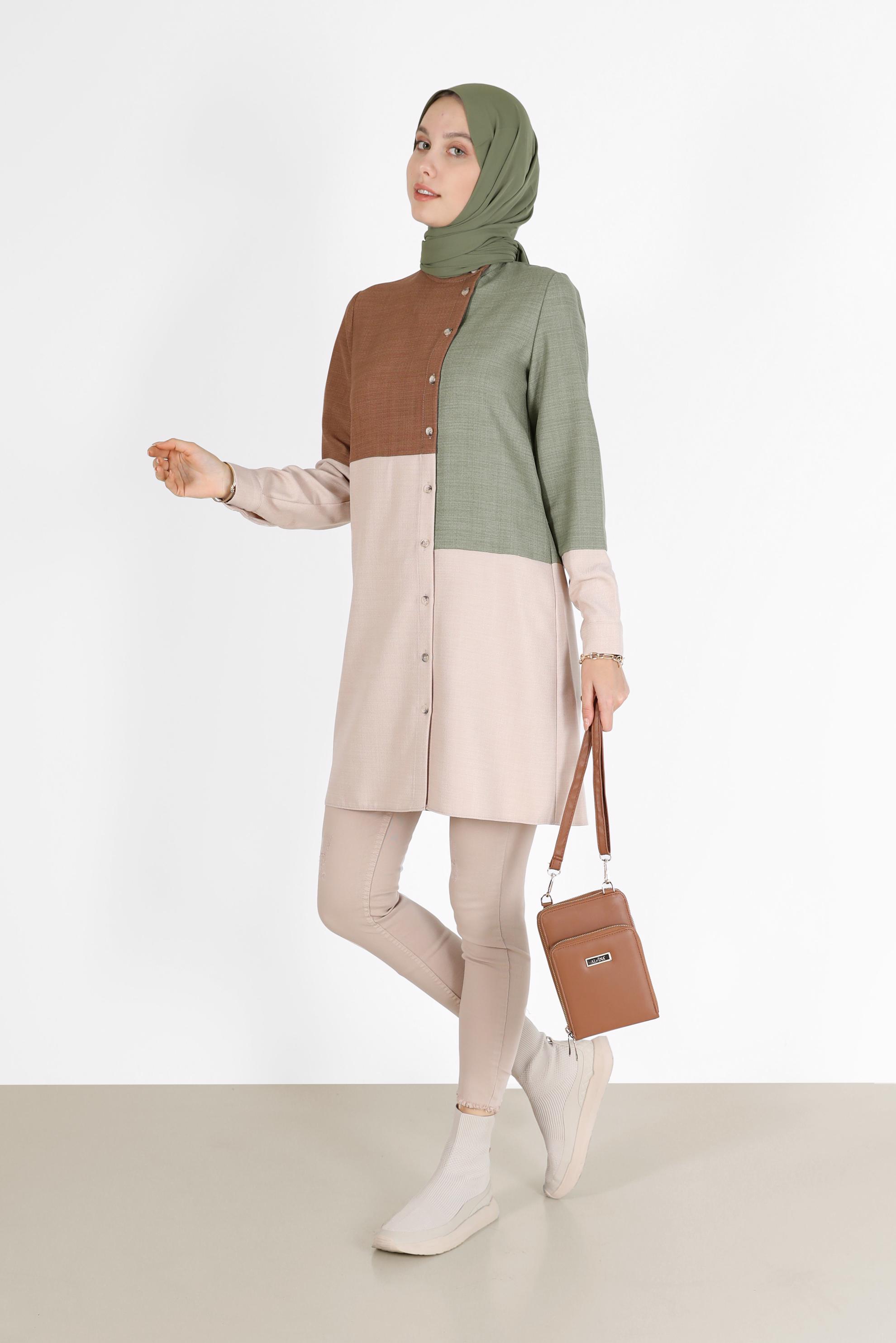 Tesettür giyim YEŞİL 3 RENKLİ DÜĞME DETAYLI TUNİK 42168 