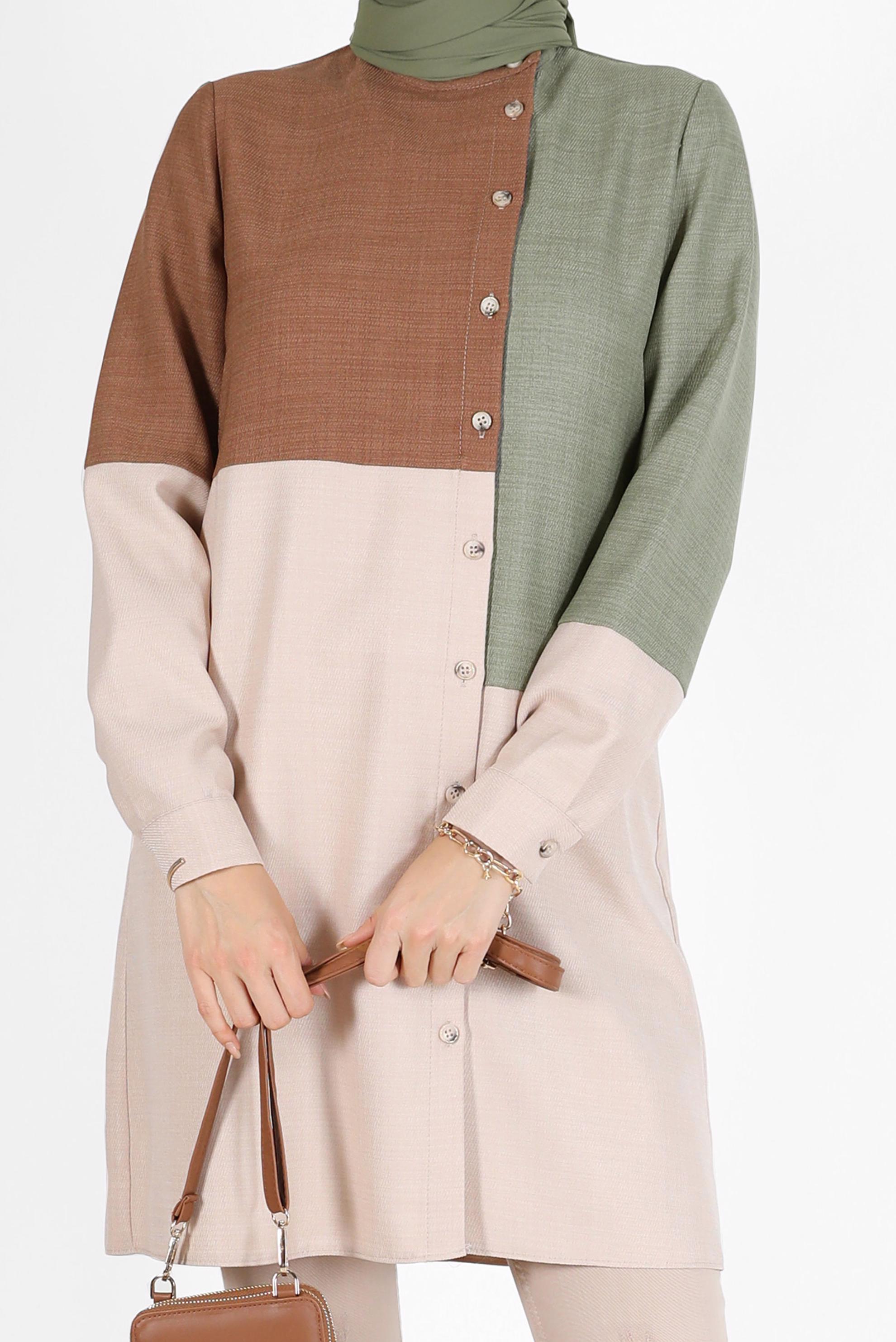 Tesettür giyim YEŞİL 3 RENKLİ DÜĞME DETAYLI TUNİK 42168 