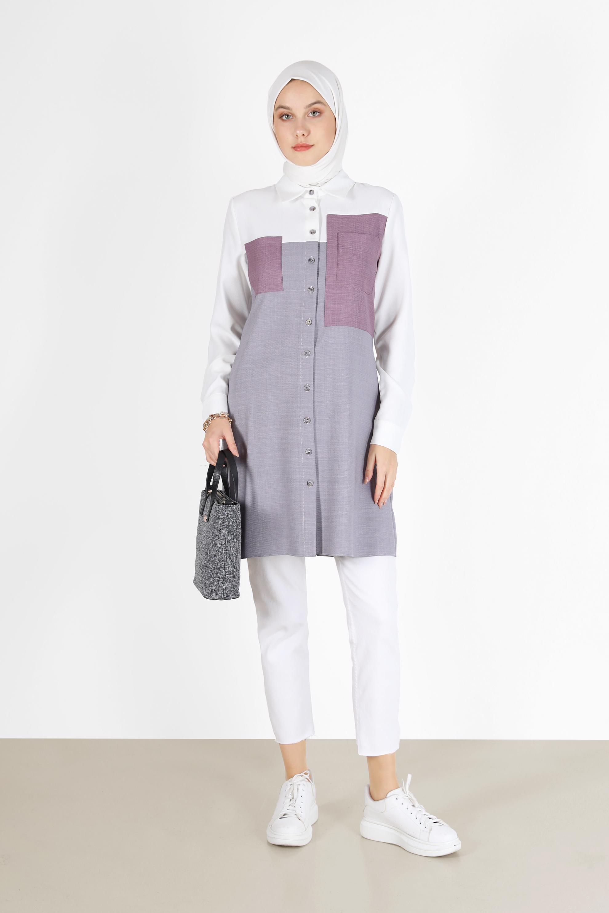 Tesettür giyim GRİ CEP DETAYLI 3 RENKLİ TUNİK 42169 