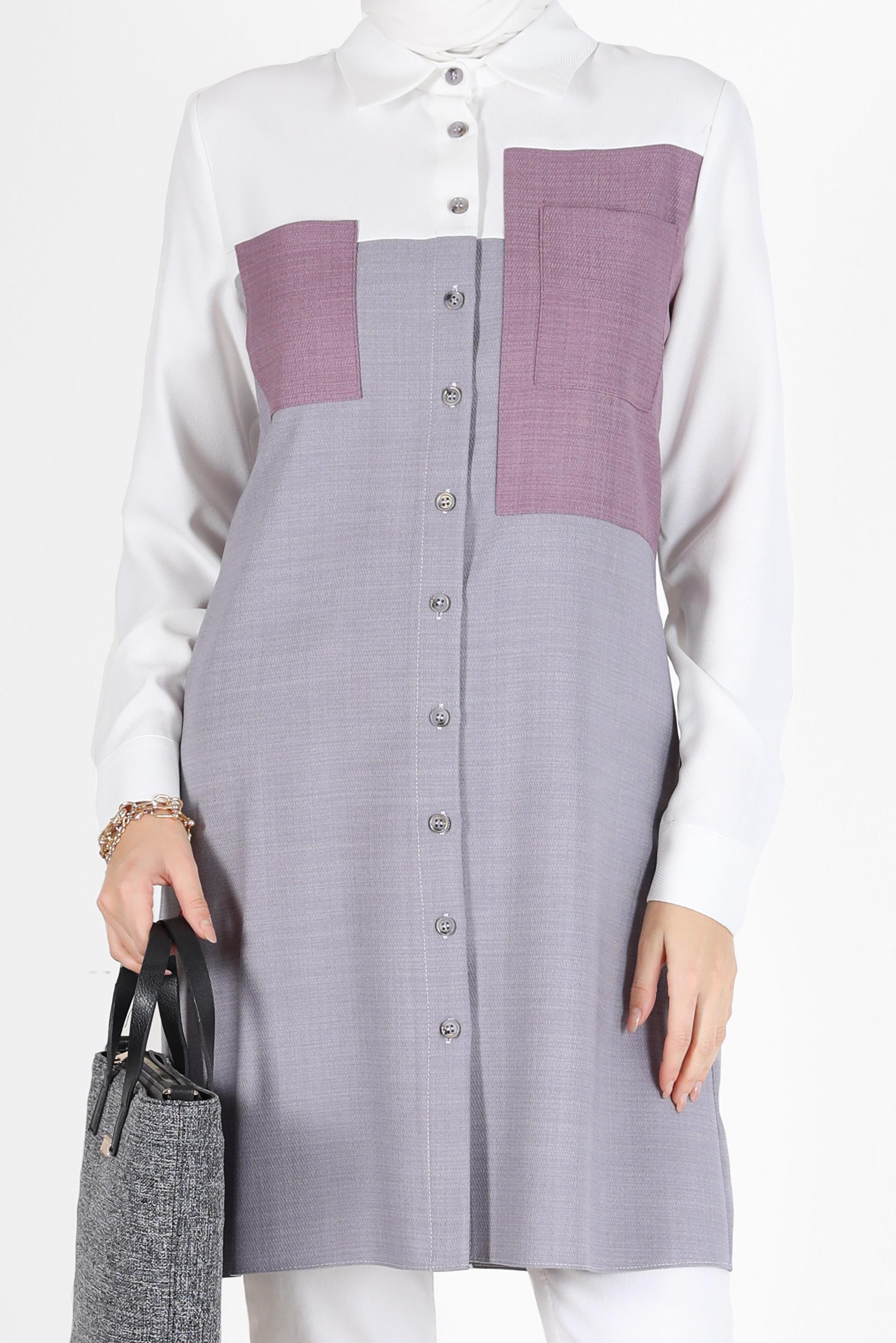 Tesettür giyim GRİ CEP DETAYLI 3 RENKLİ TUNİK 42169 