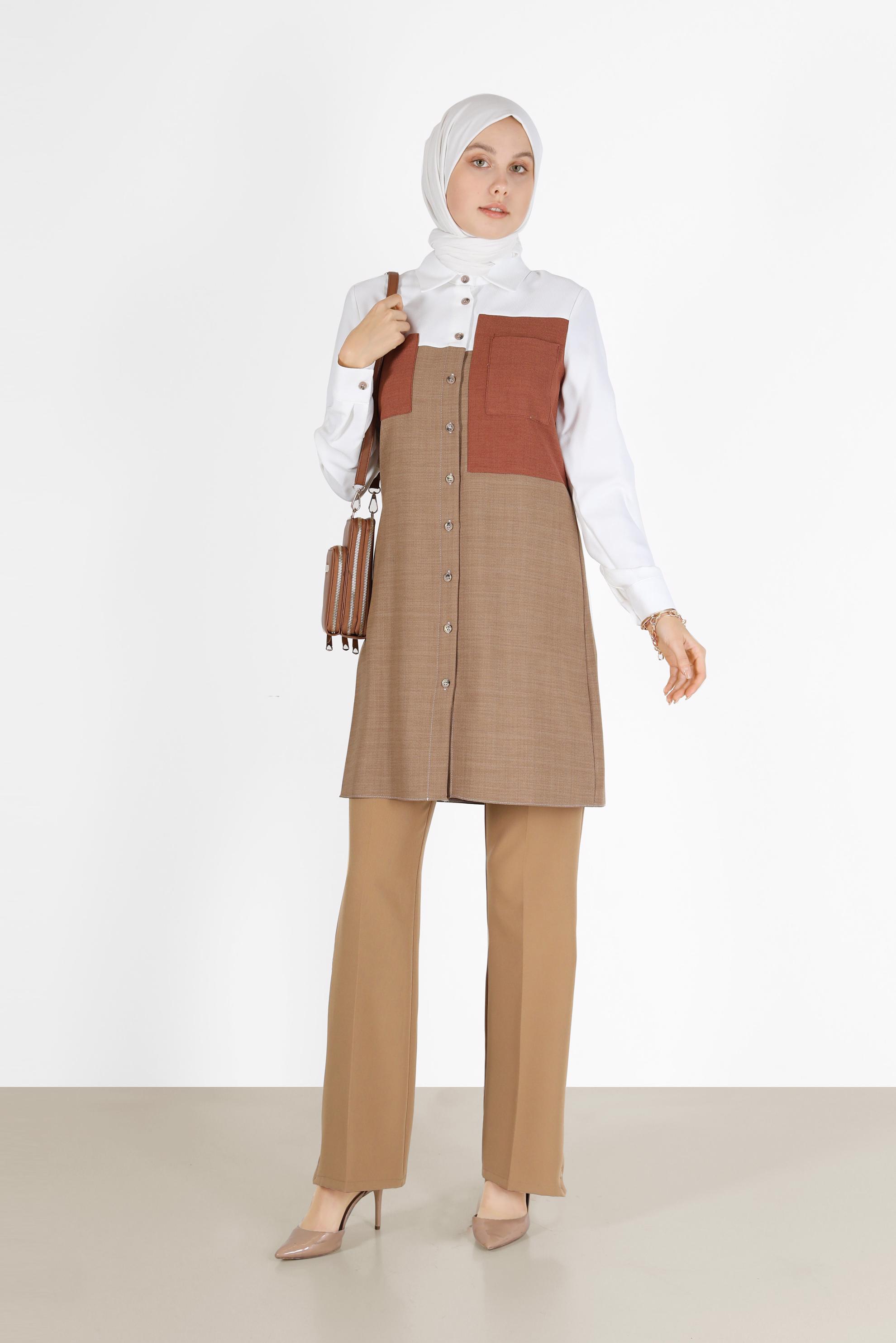Tesettür giyim KAHVE CEP DETAYLI 3 RENKLİ TUNİK 42169 