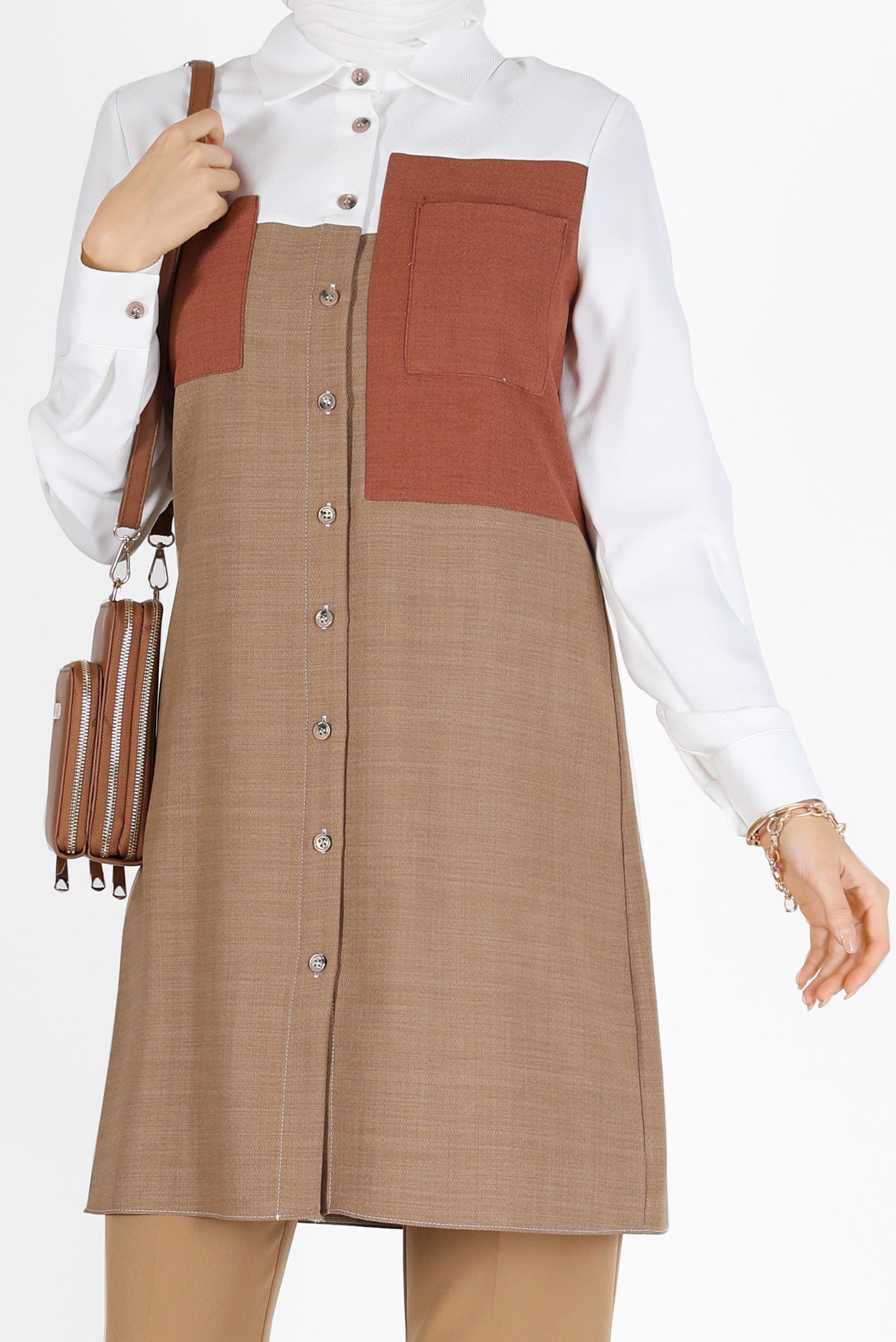 Tesettür giyim KAHVE CEP DETAYLI 3 RENKLİ TUNİK 42169 