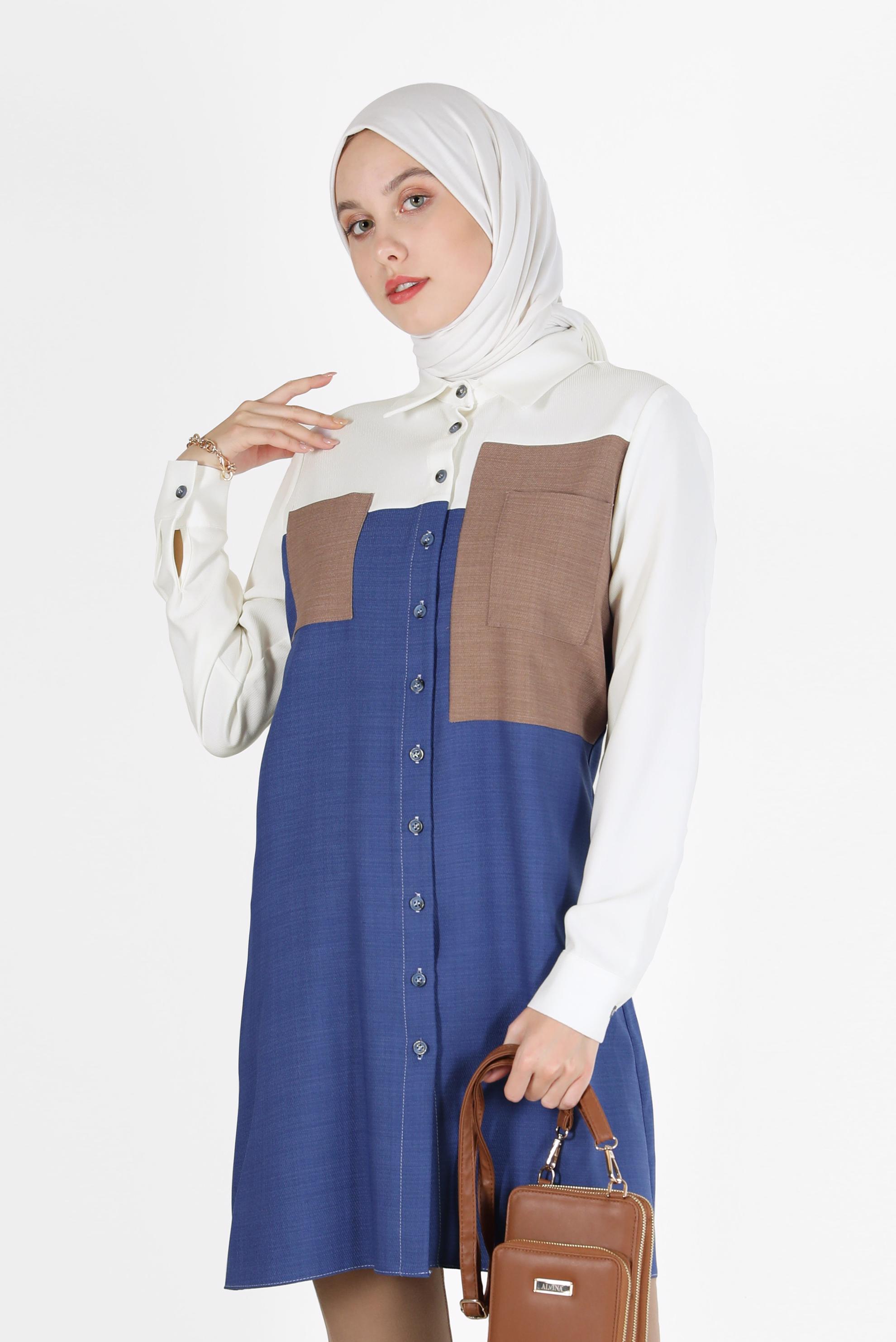 Hijab clothing NAVY BLUE POCKET DETAIL 3-COLOR TUNIC 42169 
