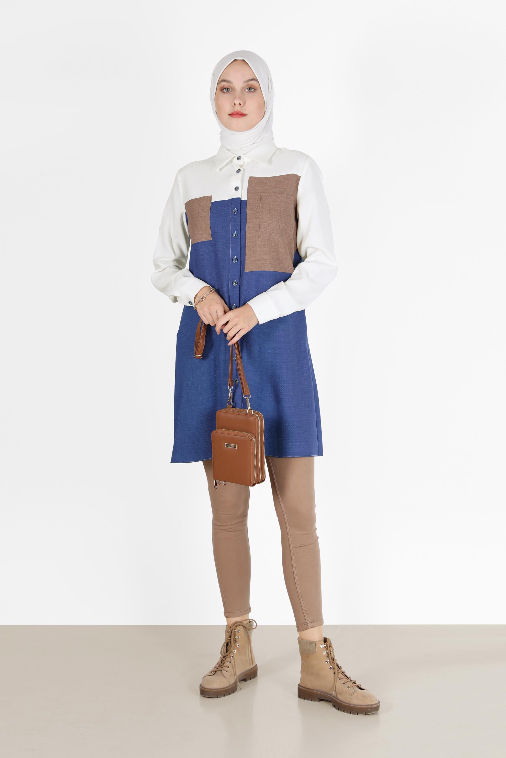 Hijab clothing NAVY BLUE POCKET DETAIL 3-COLOR TUNIC 42169 