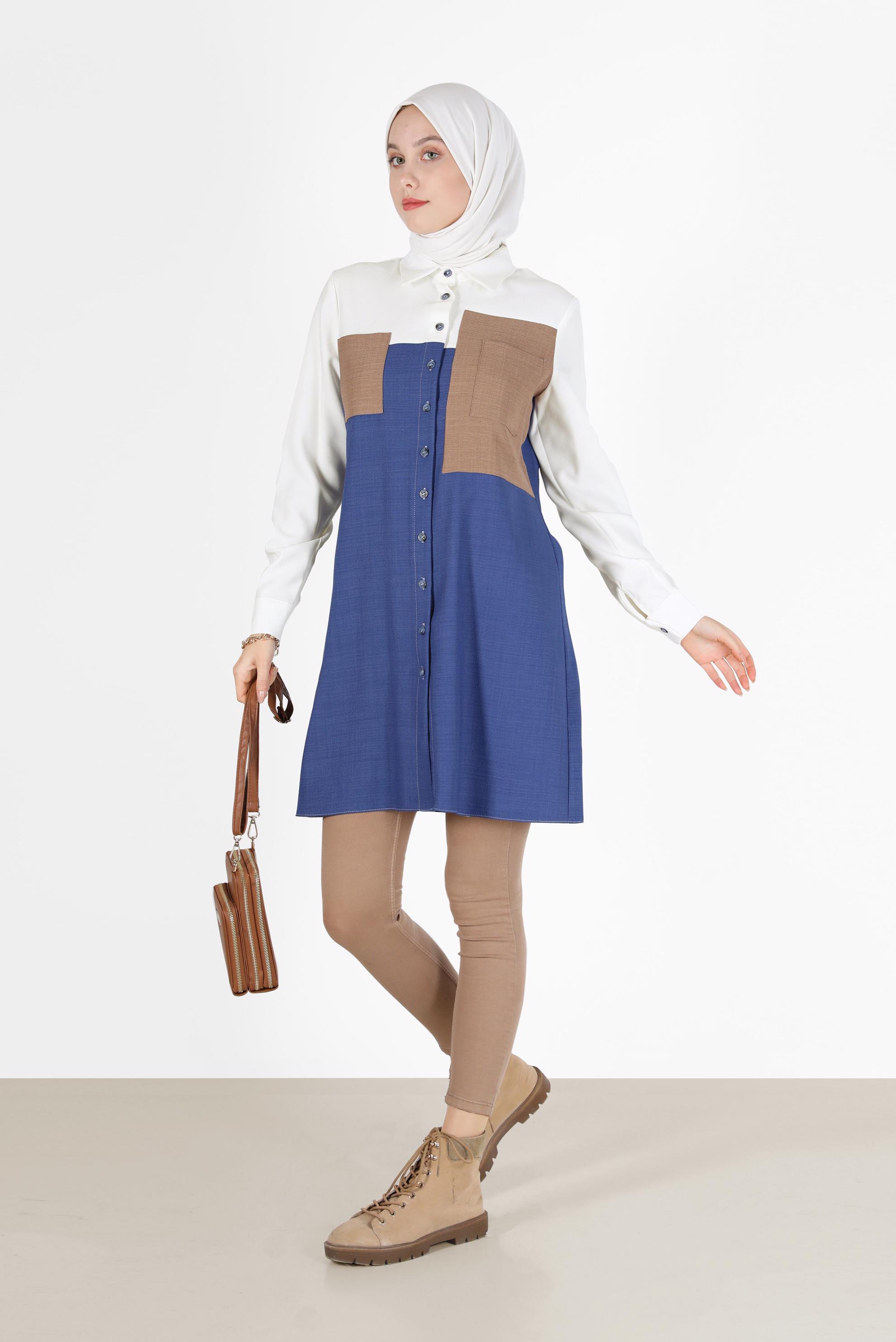 Hijab clothing NAVY BLUE POCKET DETAIL 3-COLOR TUNIC 42169 