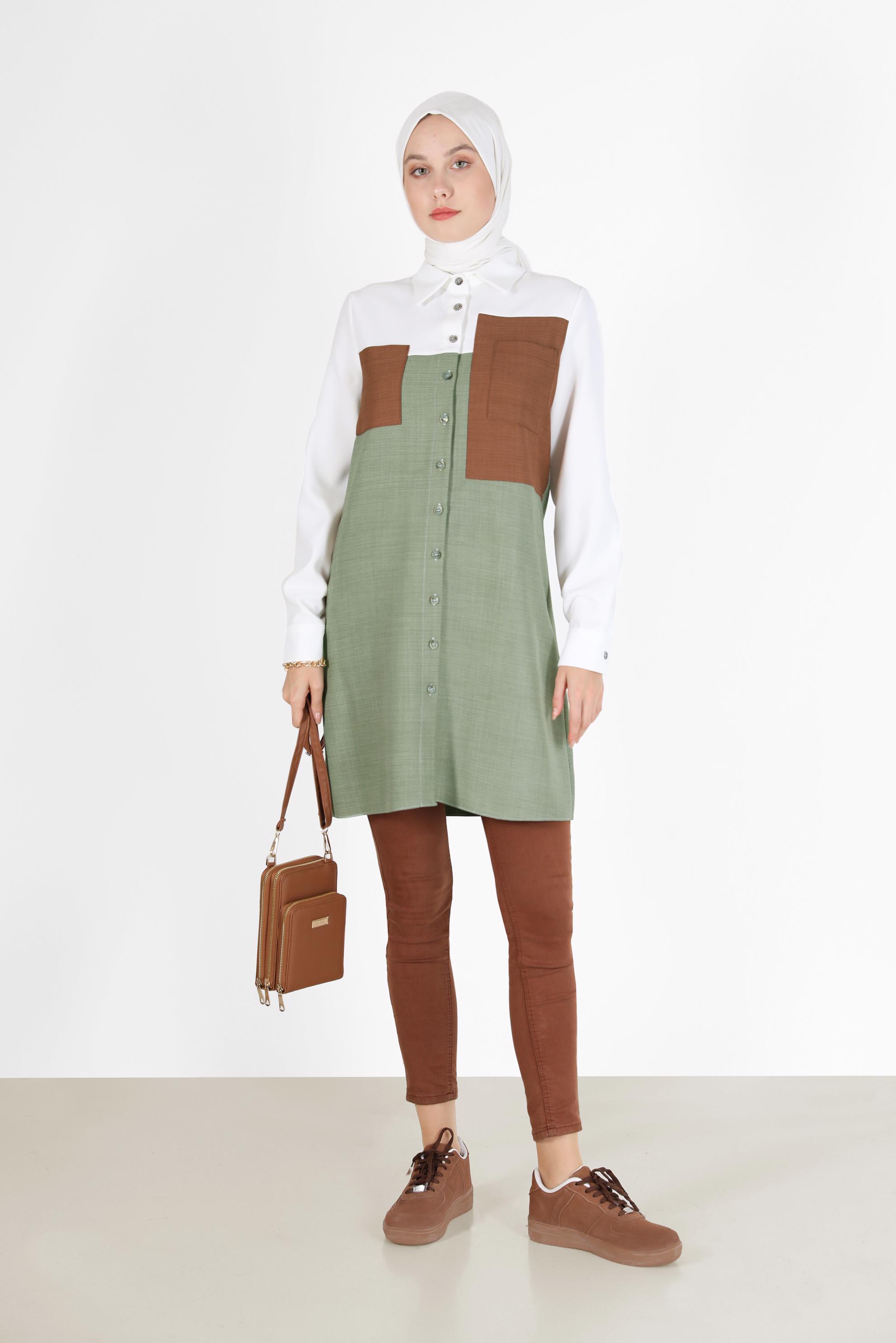 Tesettür giyim YEŞİL CEP DETAYLI 3 RENKLİ TUNİK 42169 