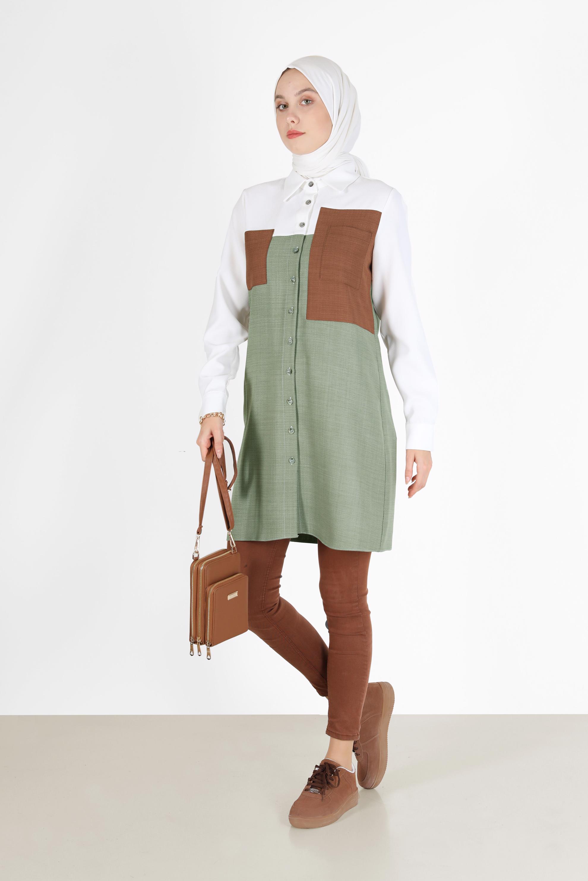 Tesettür giyim YEŞİL CEP DETAYLI 3 RENKLİ TUNİK 42169 