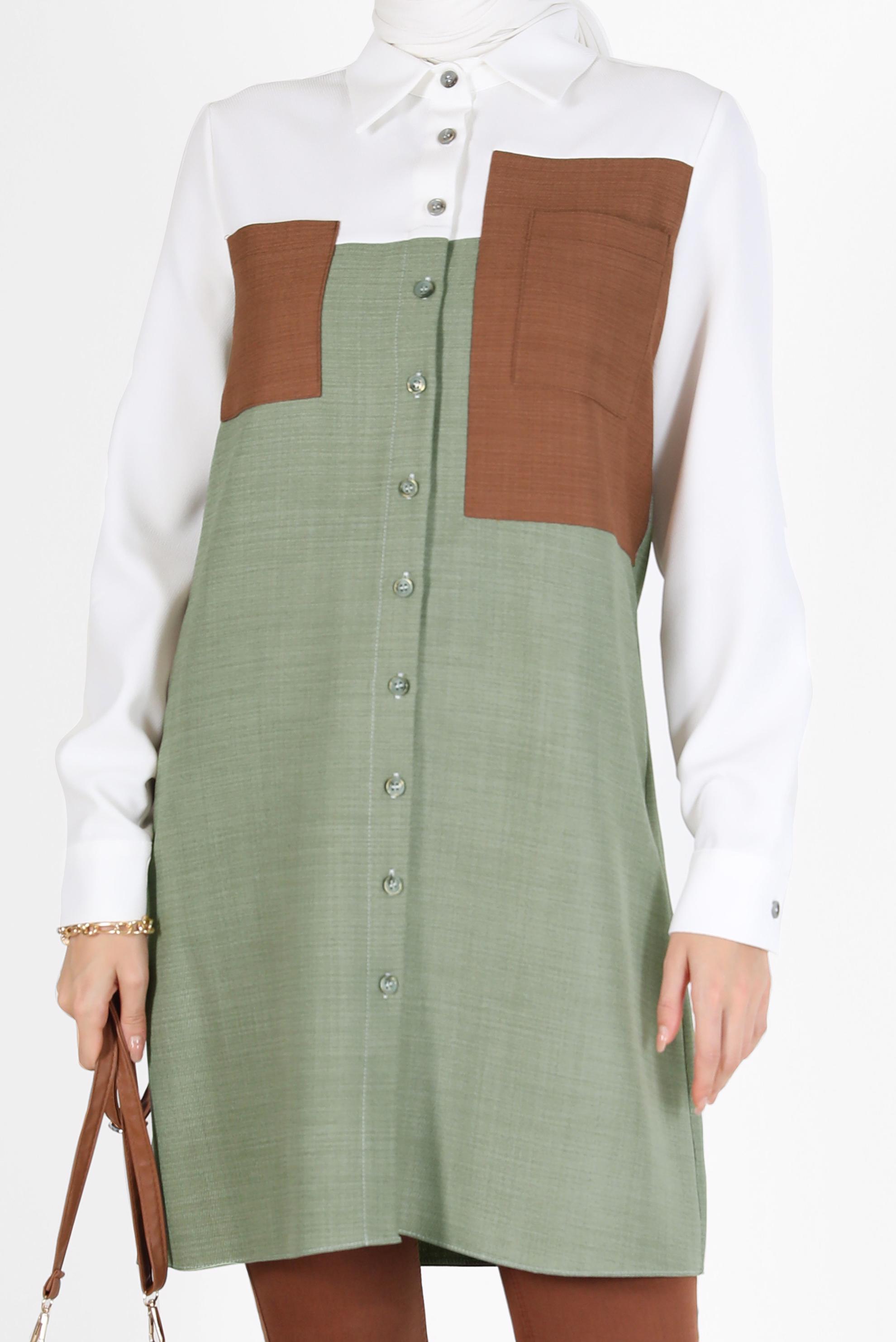 Tesettür giyim YEŞİL CEP DETAYLI 3 RENKLİ TUNİK 42169 