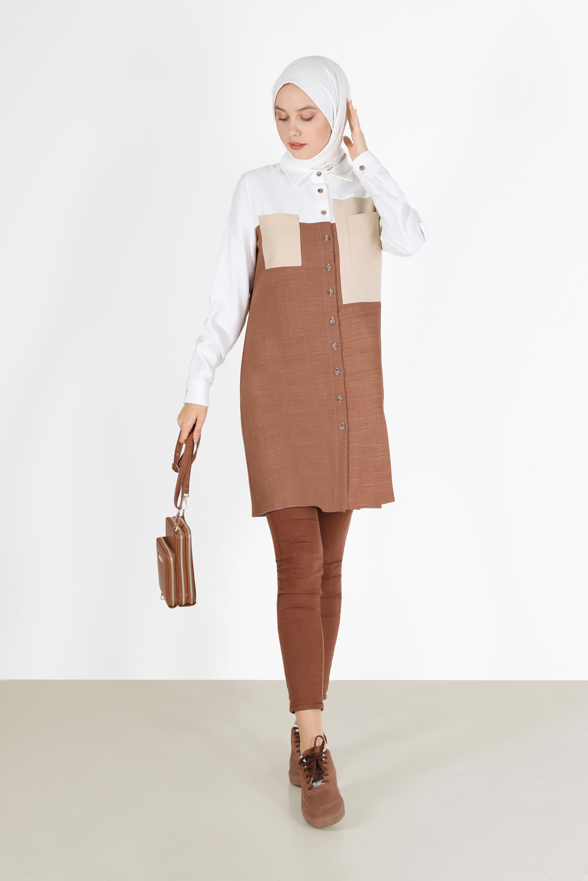 Tesettür giyim KAHVE CEP DETAYLI 3 RENKLİ TUNİK 42169 
