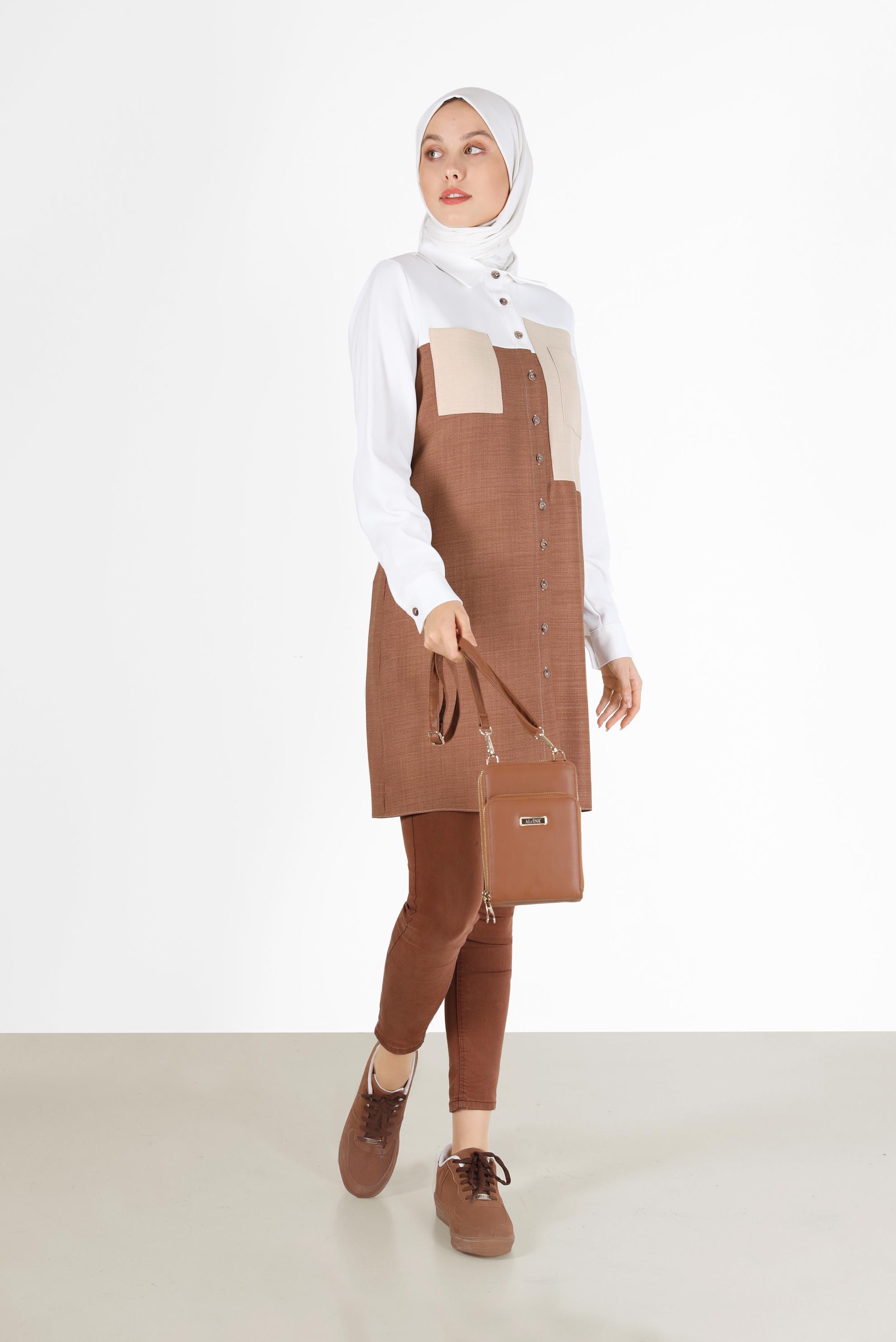 Tesettür giyim KAHVE CEP DETAYLI 3 RENKLİ TUNİK 42169 