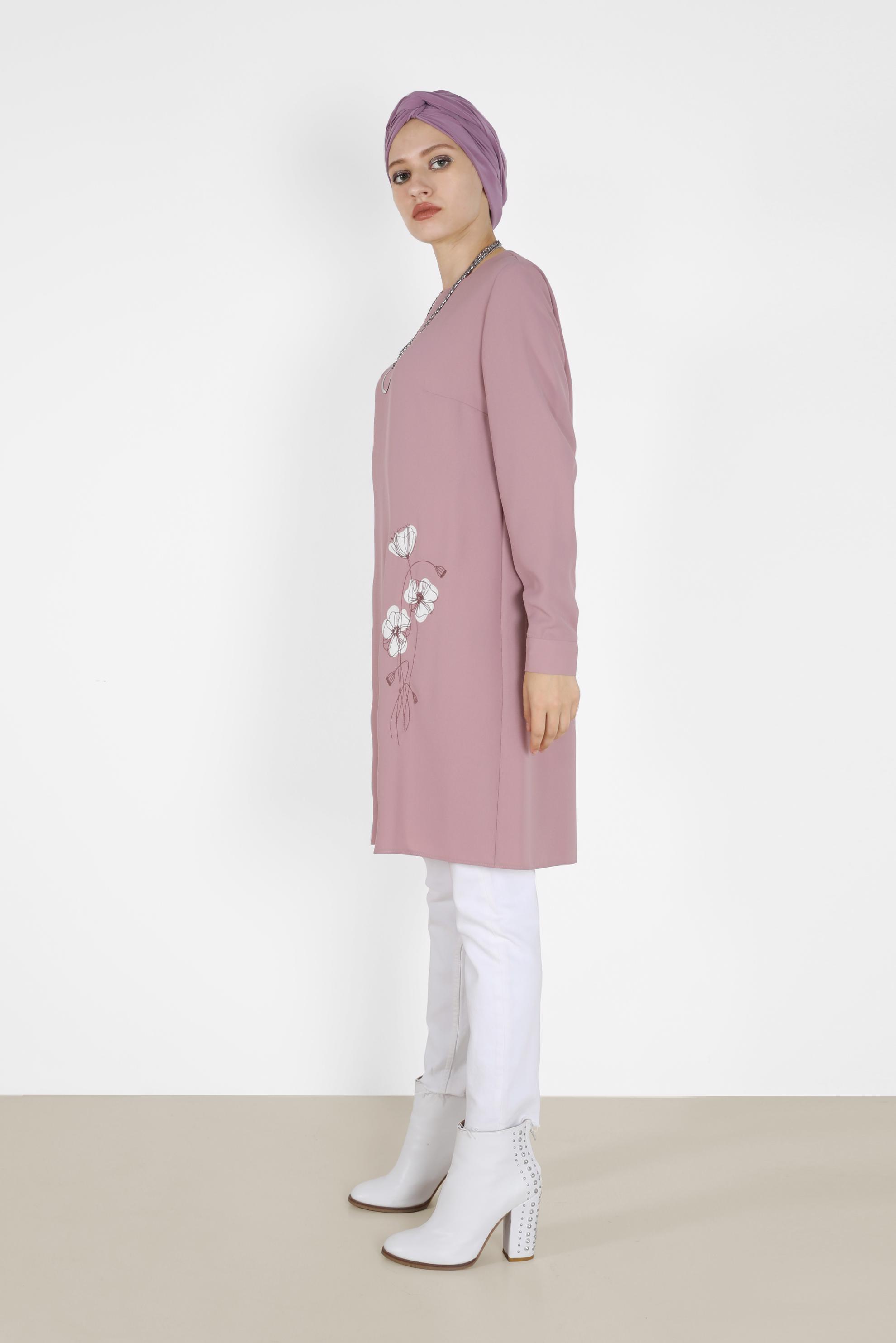Tesettür giyim PUDRA YANLARI DÜĞME DETAYLI ÇİÇEK BASKILI TUNİK 42172 
