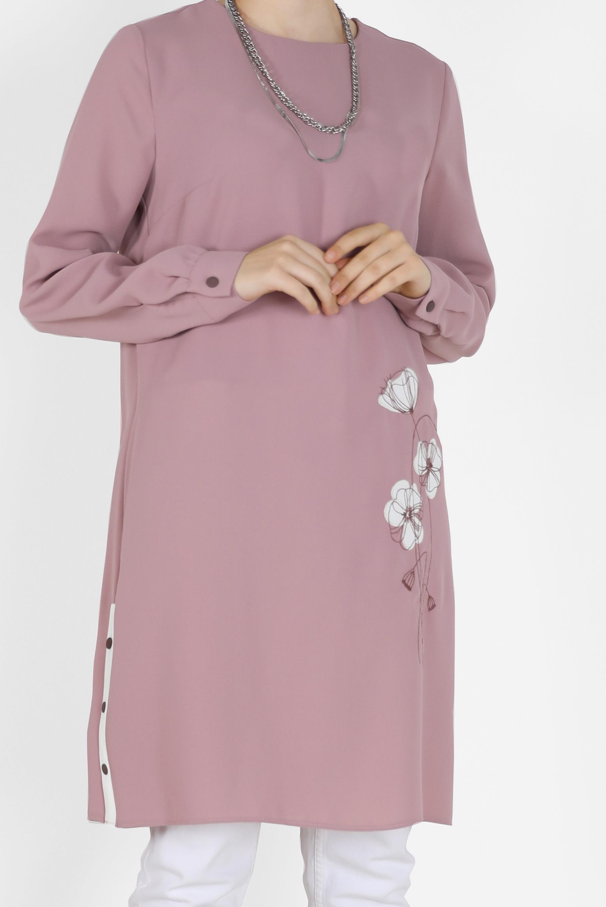 Tesettür giyim PUDRA YANLARI DÜĞME DETAYLI ÇİÇEK BASKILI TUNİK 42172 