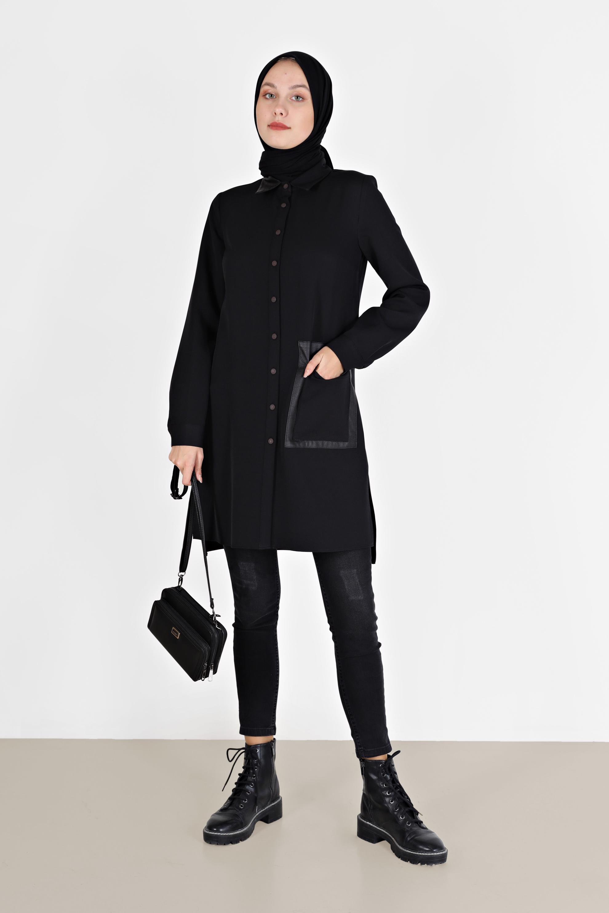 Tesettür giyim SİYAH DERİ DETAYLI CEPLİ TUNİK 42185
