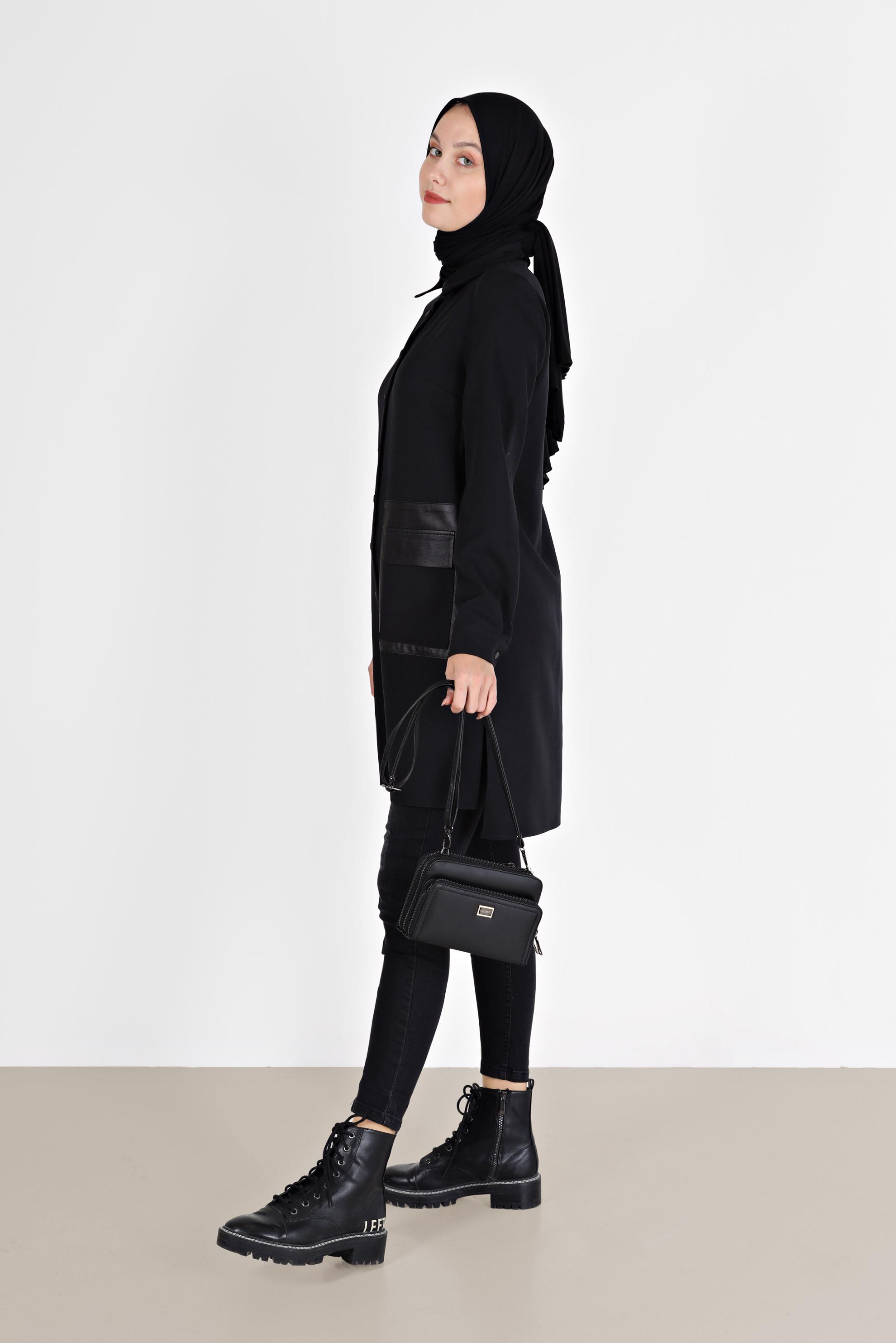 Tesettür giyim SİYAH DERİ DETAYLI CEPLİ TUNİK 42185