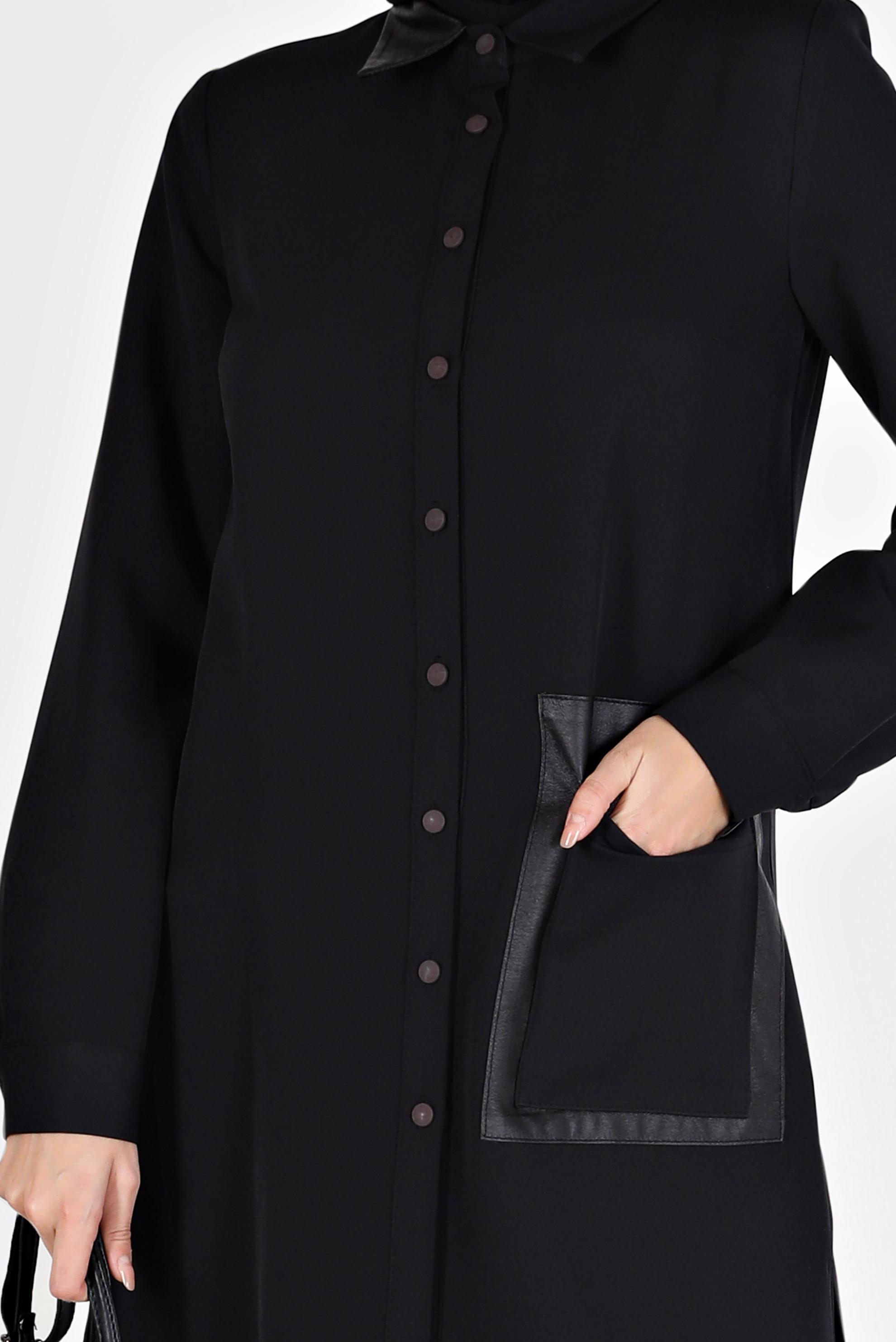 Tesettür giyim SİYAH DERİ DETAYLI CEPLİ TUNİK 42185