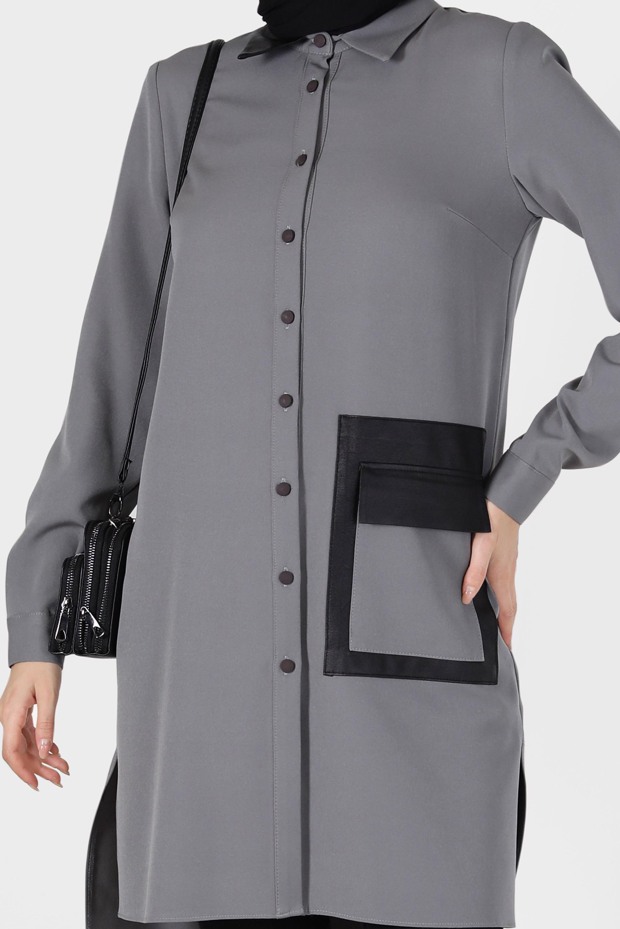 Tesettür giyim GRİ DERİ DETAYLI CEPLİ TUNİK 42185