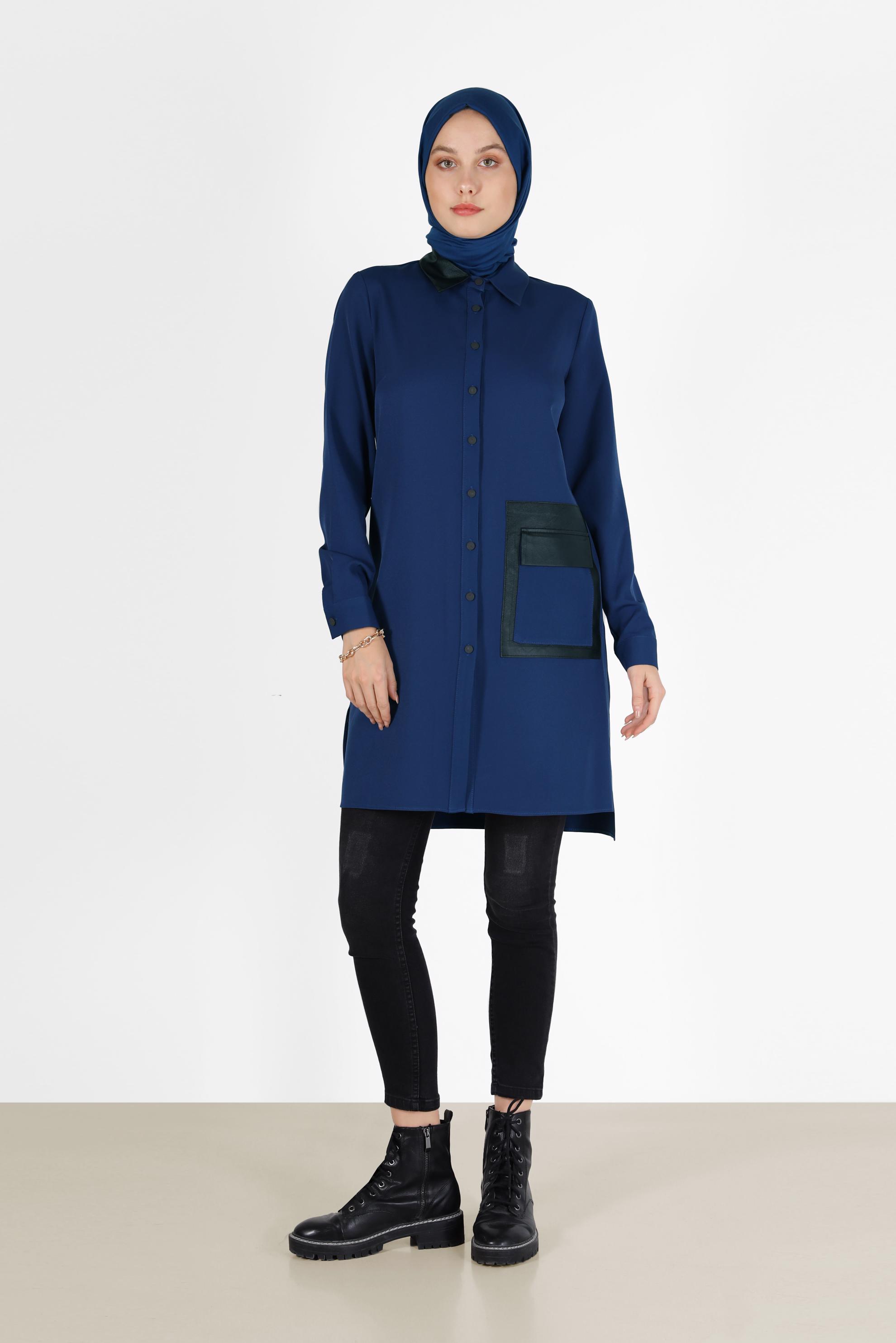 Tesettür giyim LACİVERT DERİ DETAYLI CEPLİ TUNİK 42185