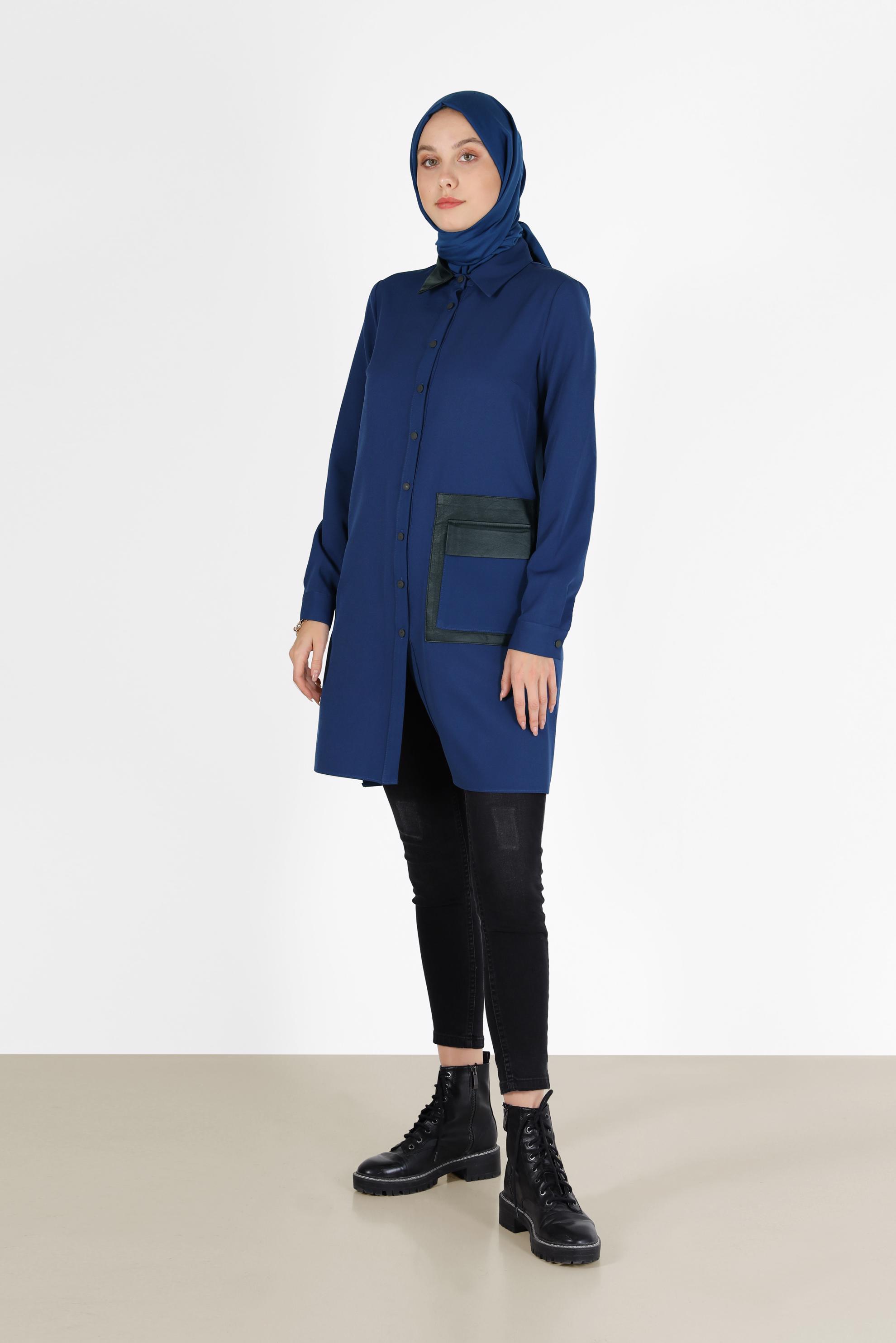 Tesettür giyim LACİVERT DERİ DETAYLI CEPLİ TUNİK 42185