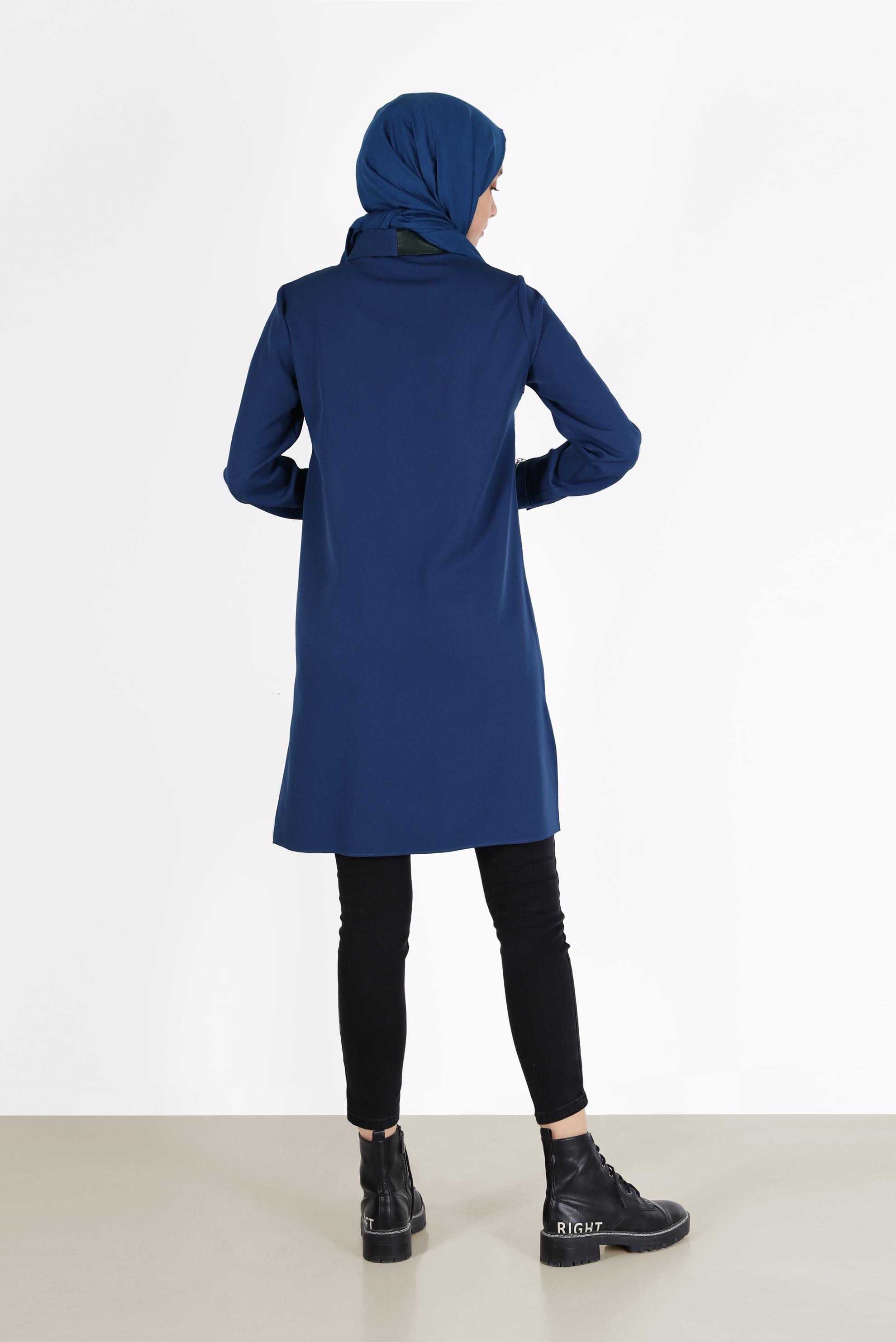 Tesettür giyim LACİVERT DERİ DETAYLI CEPLİ TUNİK 42185