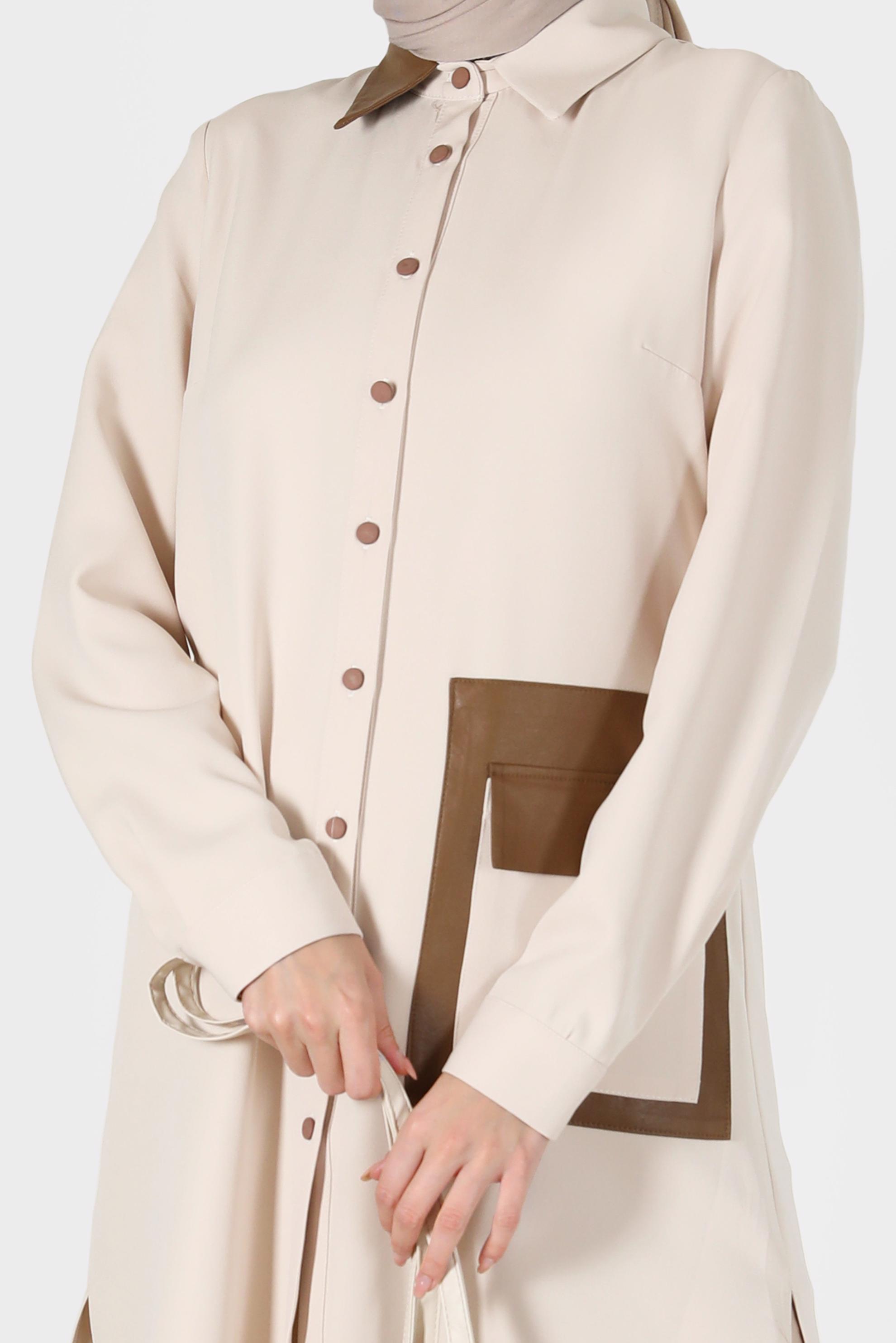 Tesettür giyim EKRU DERİ DETAYLI CEPLİ TUNİK 42185